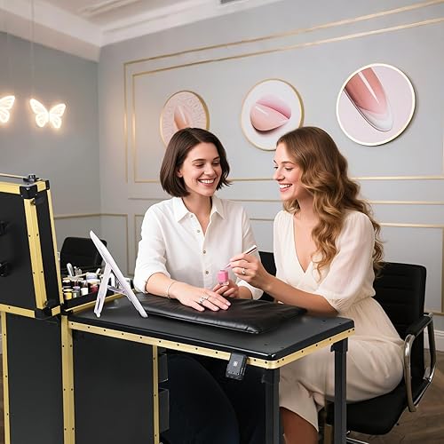 Miniatura 2 de Mesa de manicura portátil con 3 cajones, estuche de maquillaje con cerradura con espejo desmontable, escritorio de uñas plegable con ruedas y asa,