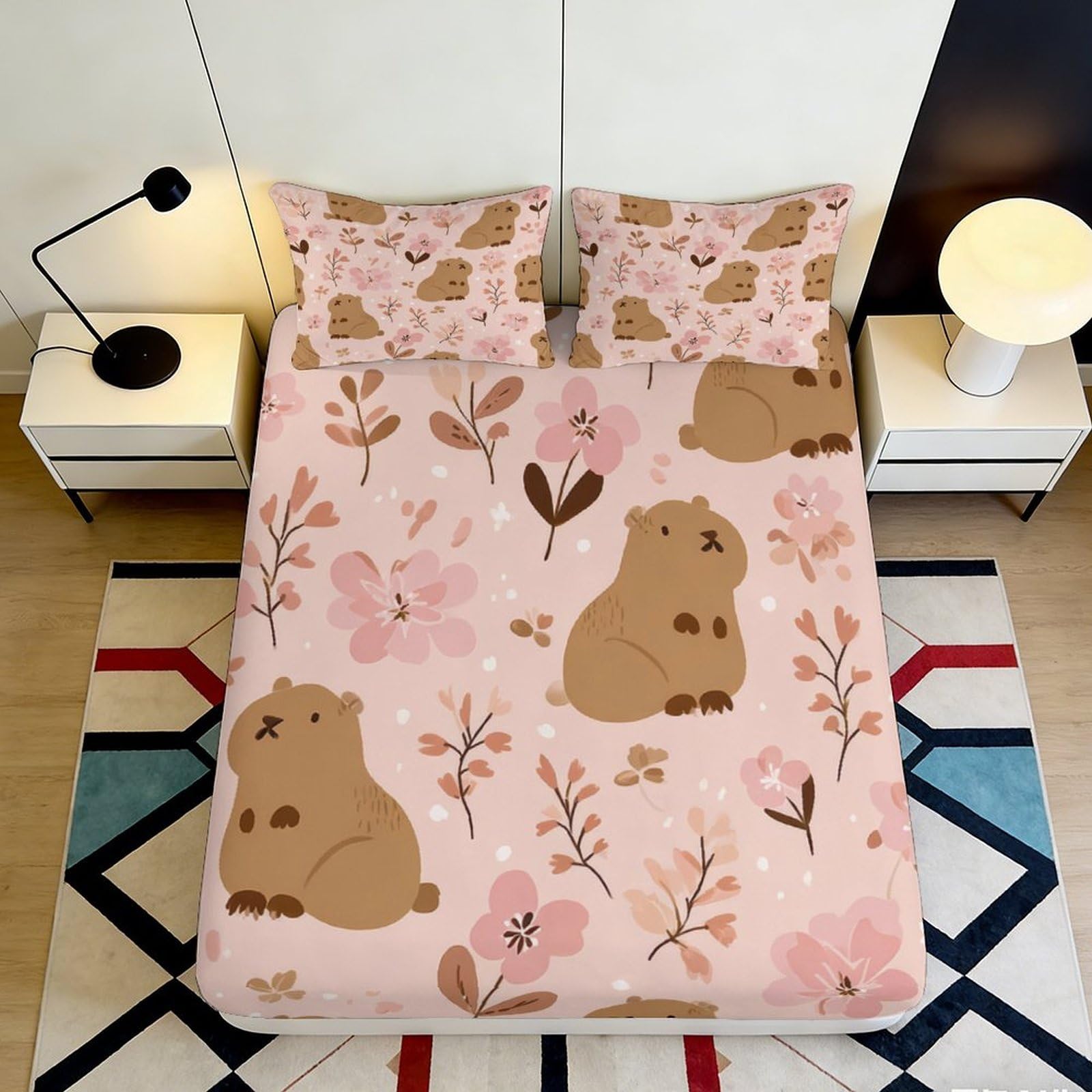 3D Printed Capybara Floral Fitted Sheet Microfiber Pink Cute Animal Bed Cover for Bedroom Guest Room Decor 90x200x25cm