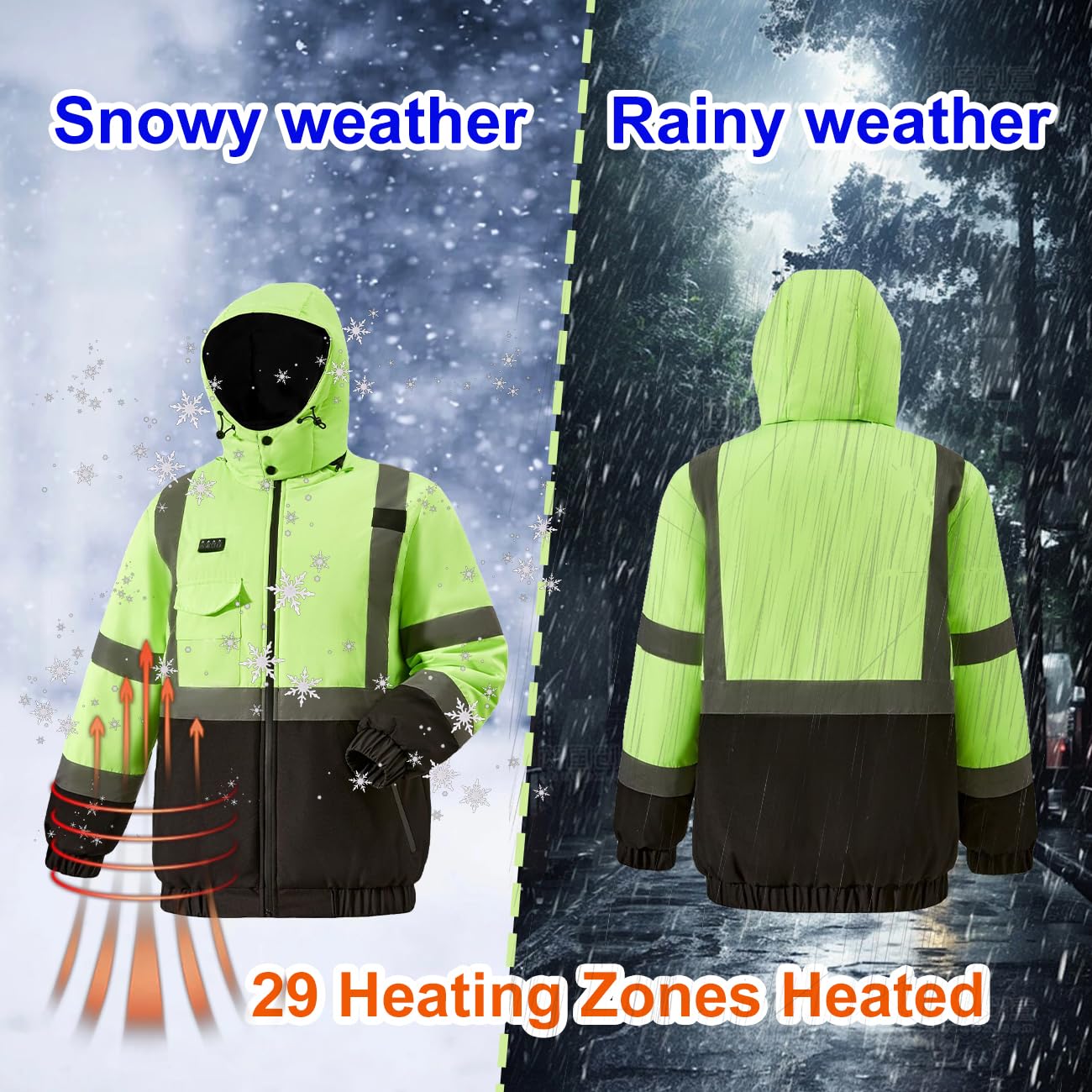Męska kurtka zimowa 3 regulowane temperatury męska kurtka o wysokiej widoczności z paskami odblaskowymi męska kurtka robocza zielona, 3XL