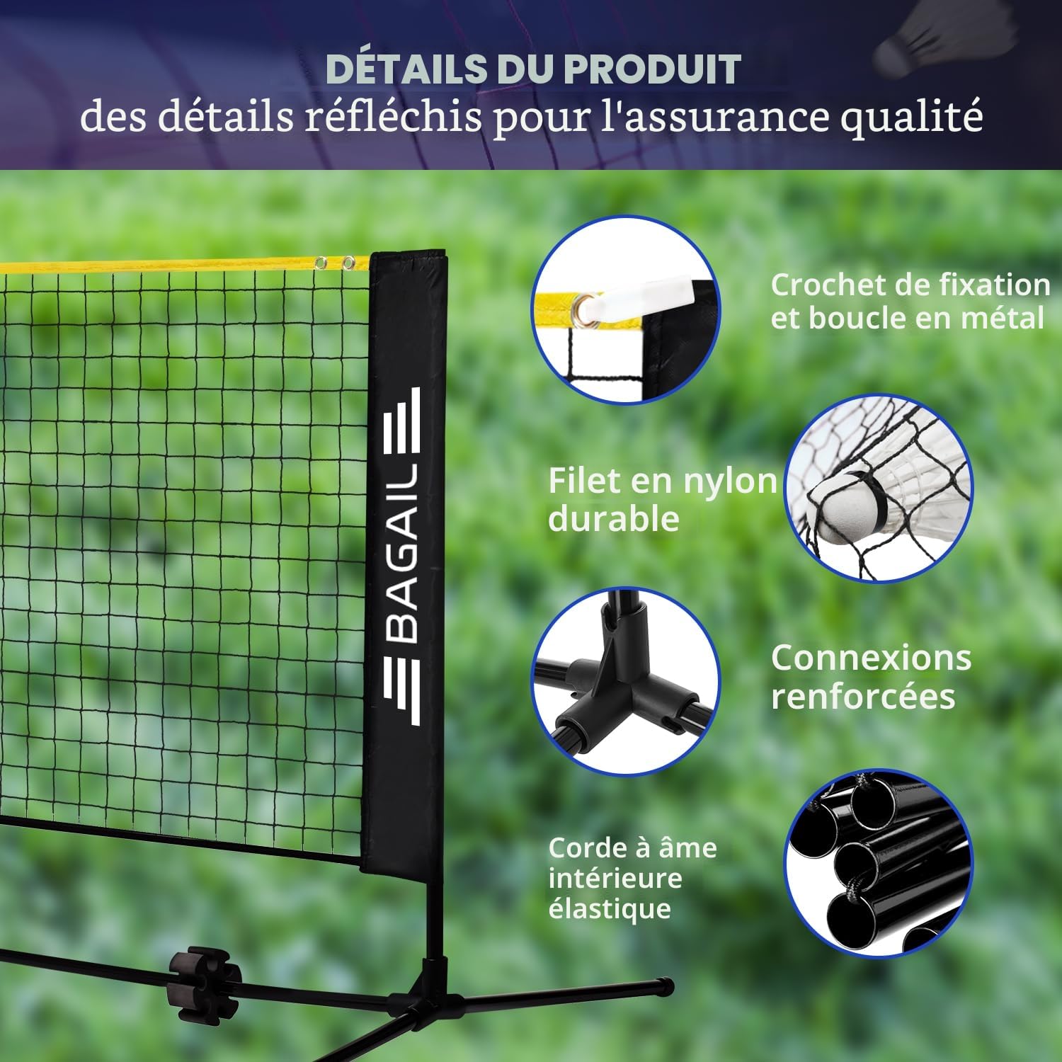 Filet de Badminton, Filet en Nylon Pliable, Support réglable en Hauteur et Sac à Main Portable, Facile à Assembler ou à démonter, idéal pour Le Tennis, Le Badminton pour Enfants ou Le Volley - Ball