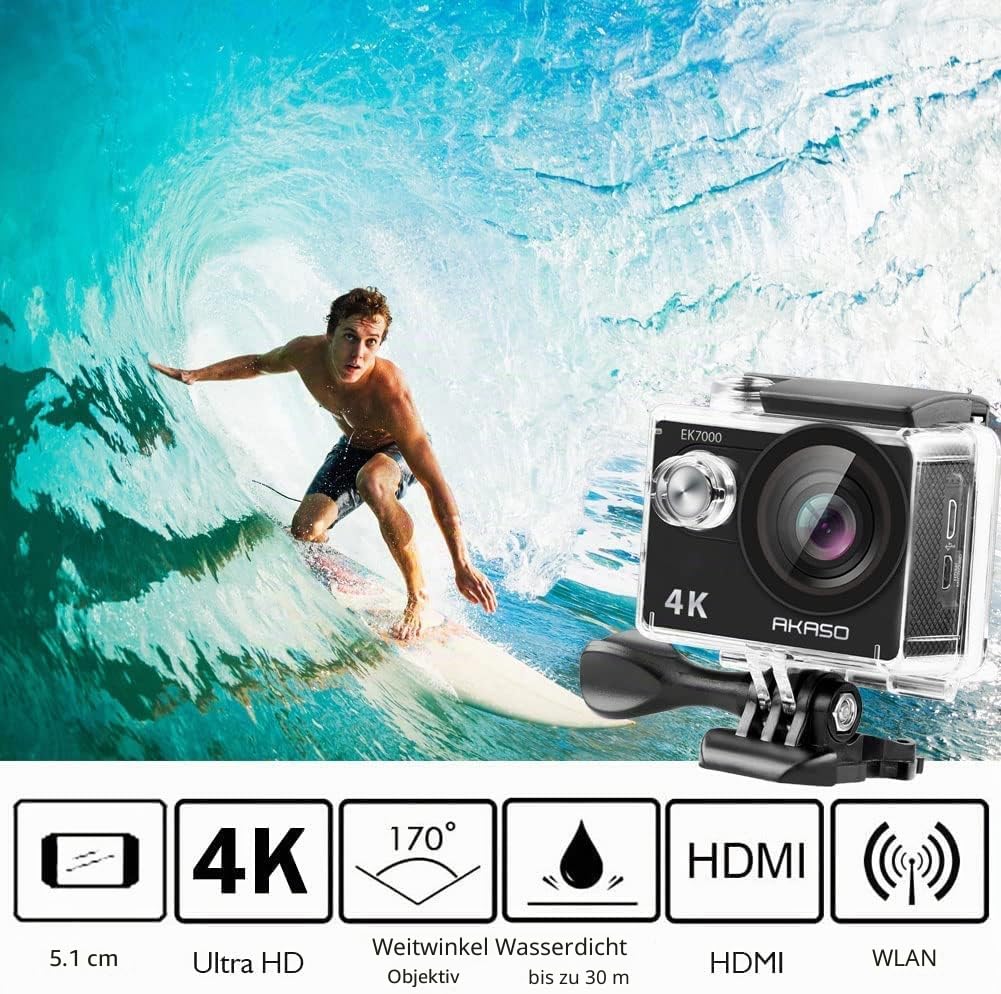 AKASO Action Cam 4k30FPS 20MP - Unterwasserkamera 170°Ultra Weitwinkel Full HD WiFi Action Kamera mit 2 Zoll LCD Bildschirm 2.4G Fernbedienung und 2x1050mAh Akkus