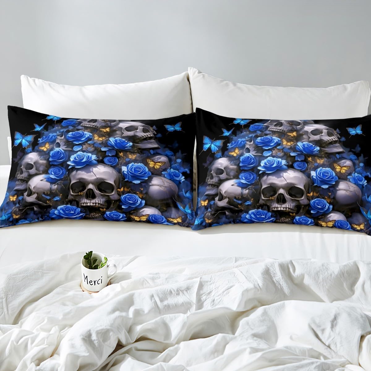 キャッスルフェアリースカルスケルトンボックスシーツ、フルサイズブルーローズコレクションイエローバタフライテーマ、ソフト装飾ファブリッ