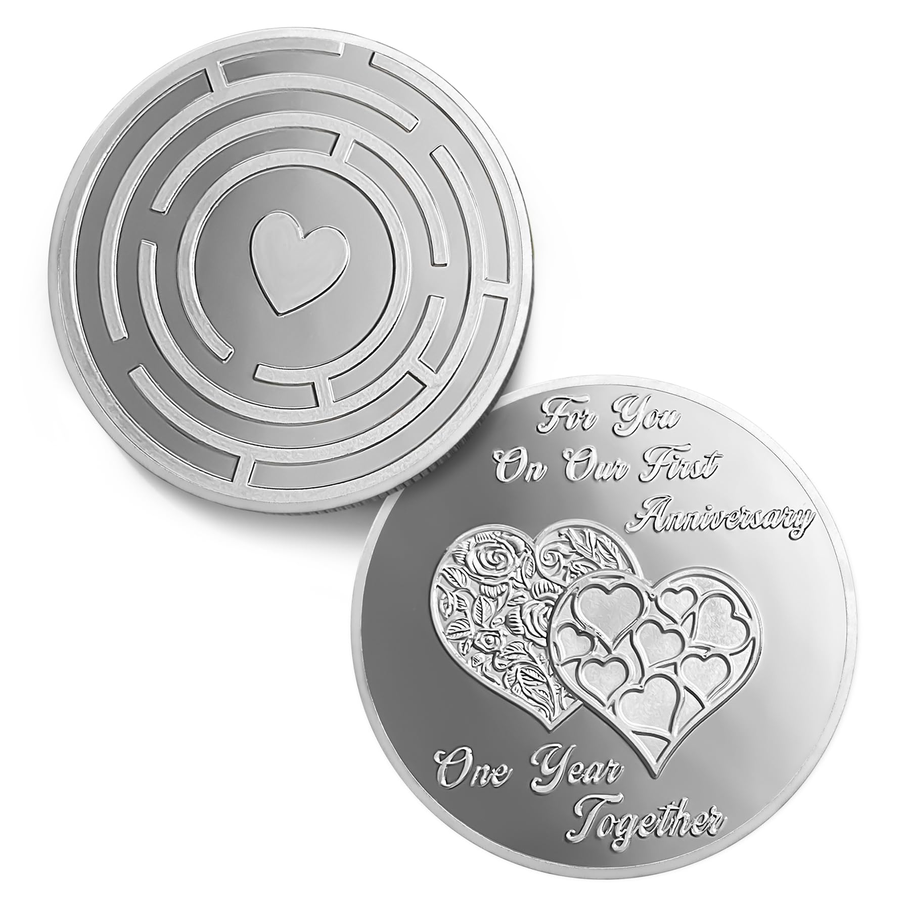 Amazon.co.jp: Happy First Anniversary Love Coin -  インスピレーションを与えるシルバーラビリンスウェディングトークン記念ギフト 年ごとの記念ギフト - ロマンティックダブルハートギフト 男性 女性 夫  妻 ボーイフレンド ガールフレンド カップル : ...