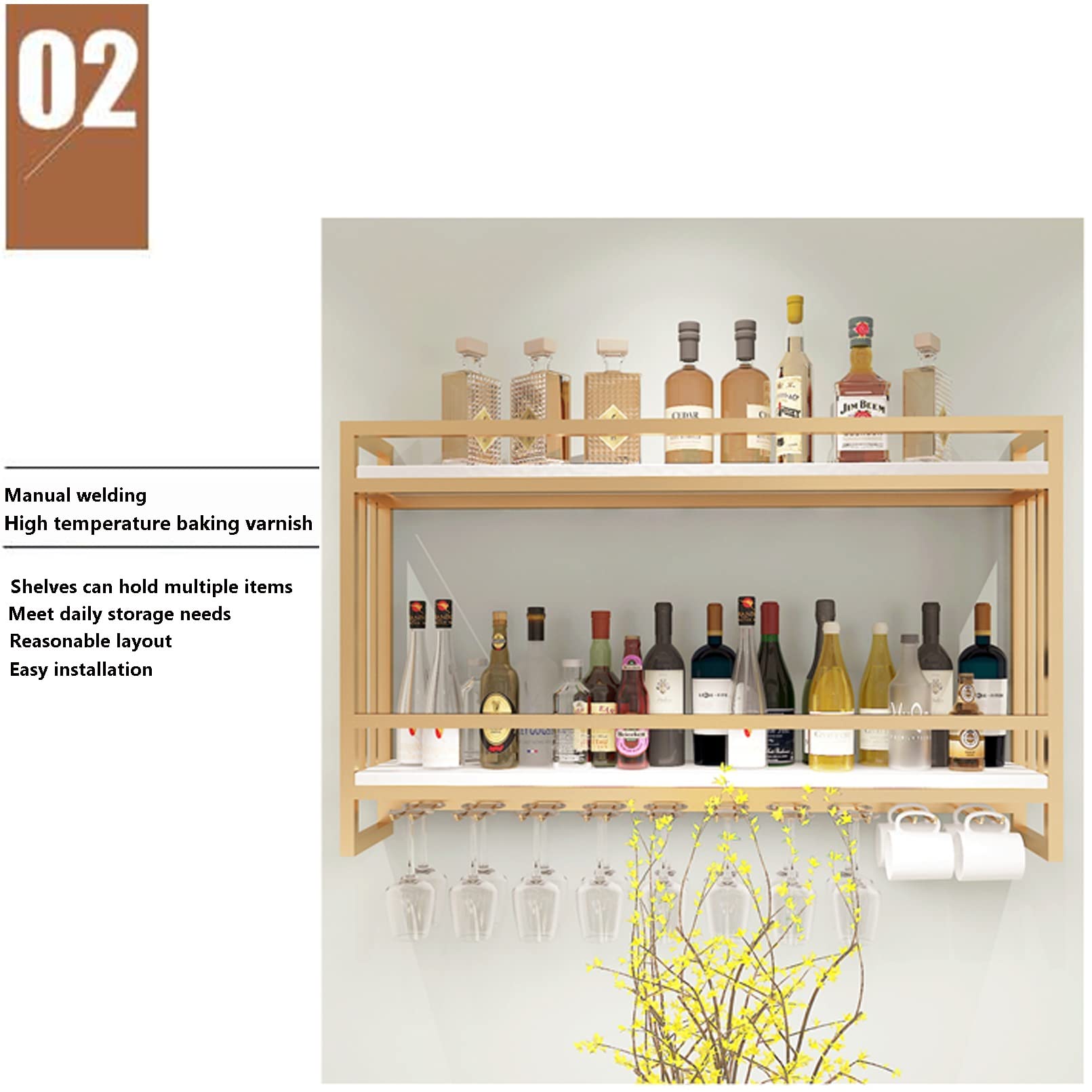 Weinregal Wandmontiertes Weinglasregal, Holz Metall Flaschenregal, Wein Weinständer Mit Tassenablageregal, Weinregal-Dekorationsregal, Lagerregal Für Flaschen Und Gläser, Mit Leitplanke ( Size : 60x20