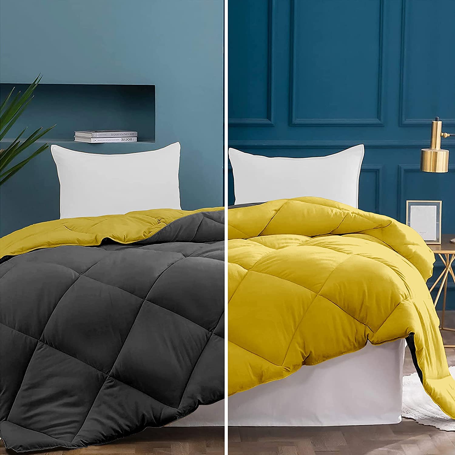 Diamond Stitch Reversible rajai Down Alternative Soft Quilted 500 GSM Blanket Heavy Winter Microfiber Comforter (92" x 106" Inches) - Double Bed King Size Comforters|Gold/Dark Grey-image-6