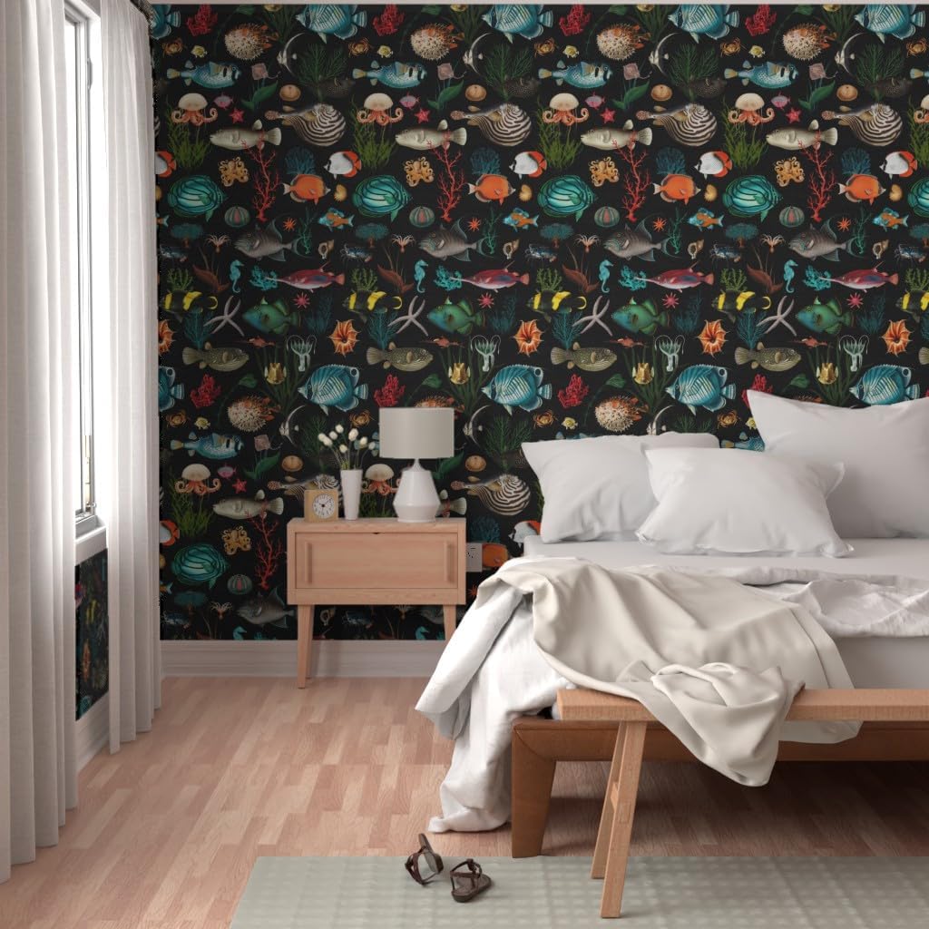 Peel & Stick Wallpaper Swatch - Black Nautical Sea Life Vintage Style Ocean Fish Coastal Tropical Custom Removable Wallpaper by Spoonflower