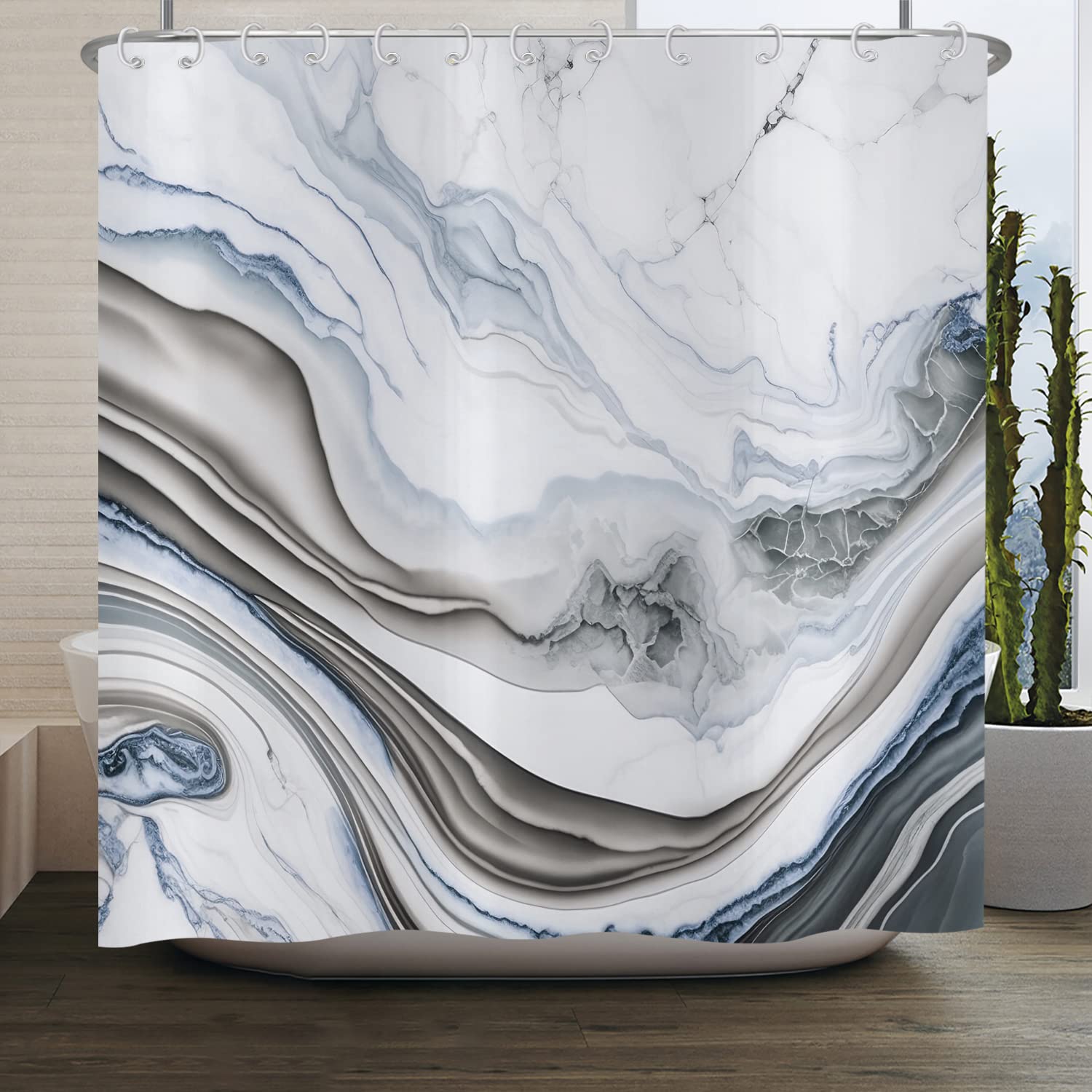 ASDCXZ Shower Curtain Marble 180x220 cm, Modern Abstract White Blue Grey Marble Optic Texture Washable Bath Shower Curtains Polyester Textile Waterproof Shower Curtain for Bathtub with 12 Hooks — image 1