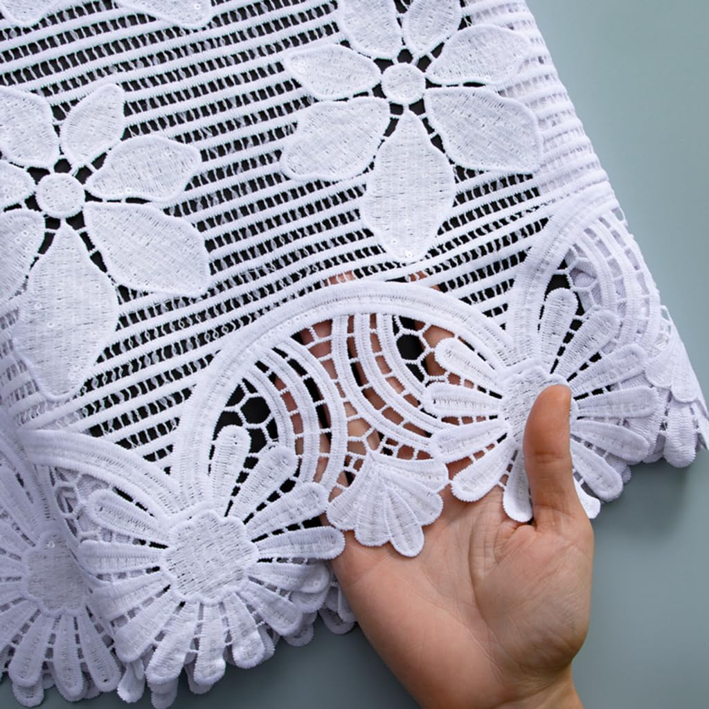 African Lace Fabric 5 Yards, French Jacquard Embroidery Water Soluble Solid White Lace Fabric for Party Wedding Dress