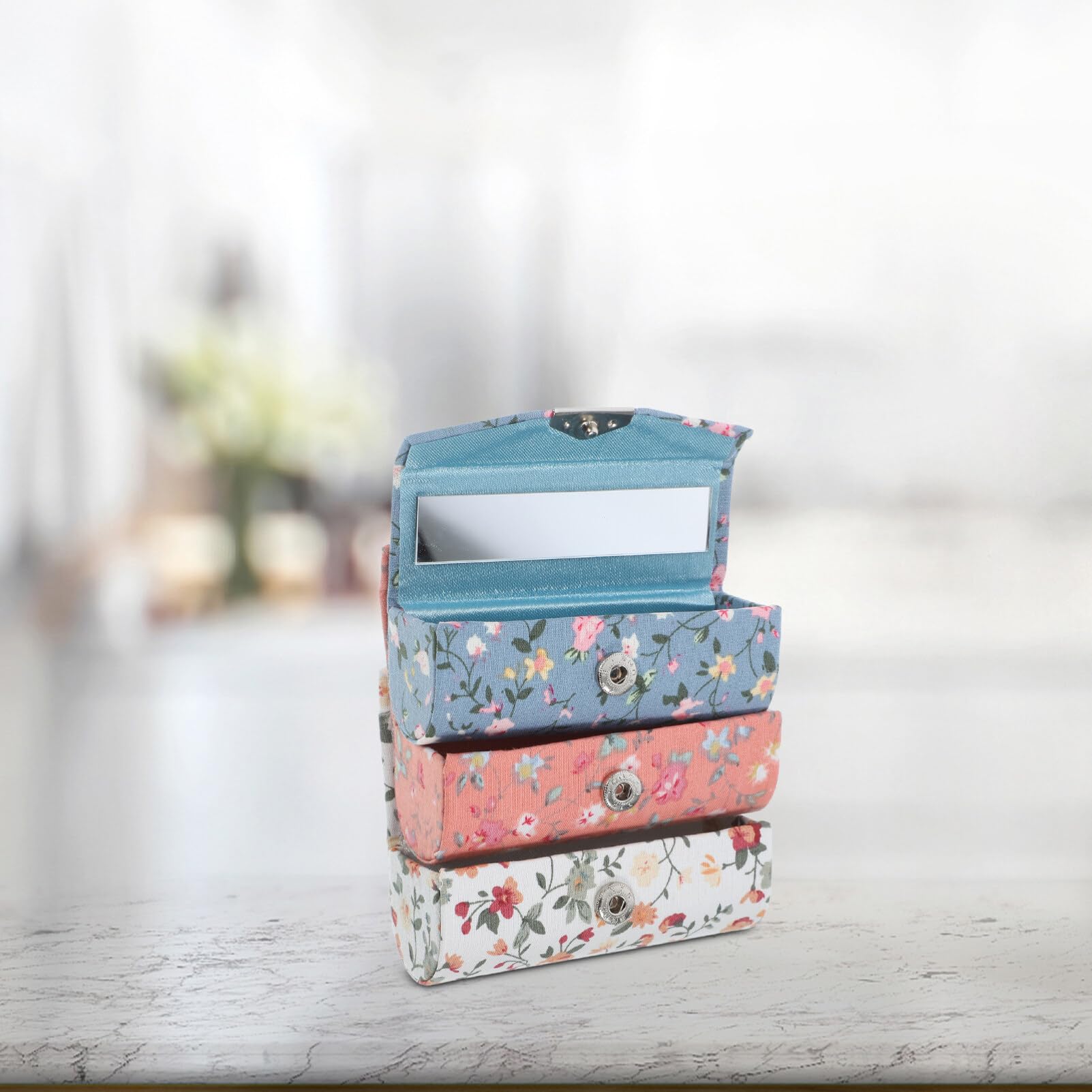Luxshiny Lipstick Case with Mirror Portable Cosmetic Holder for Women and Teens Compact Makeup Mirror Storage Box Floral Pattern 3.43X1.34X1.26 Inches - Image 3