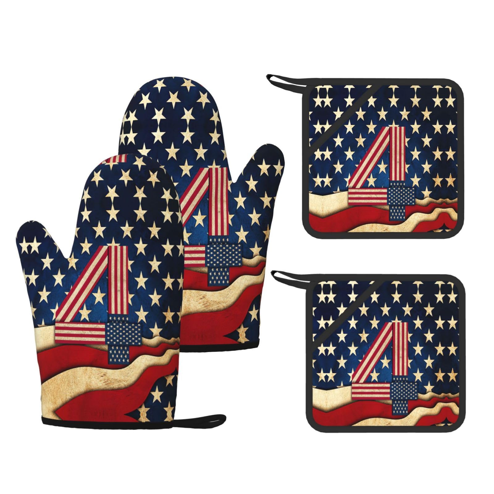 4th of July Patriotic Flag Fashion Printed Kitchen Kit with Heat Resistant Oven Mitts & Non-Slip Hot Pads for Baking