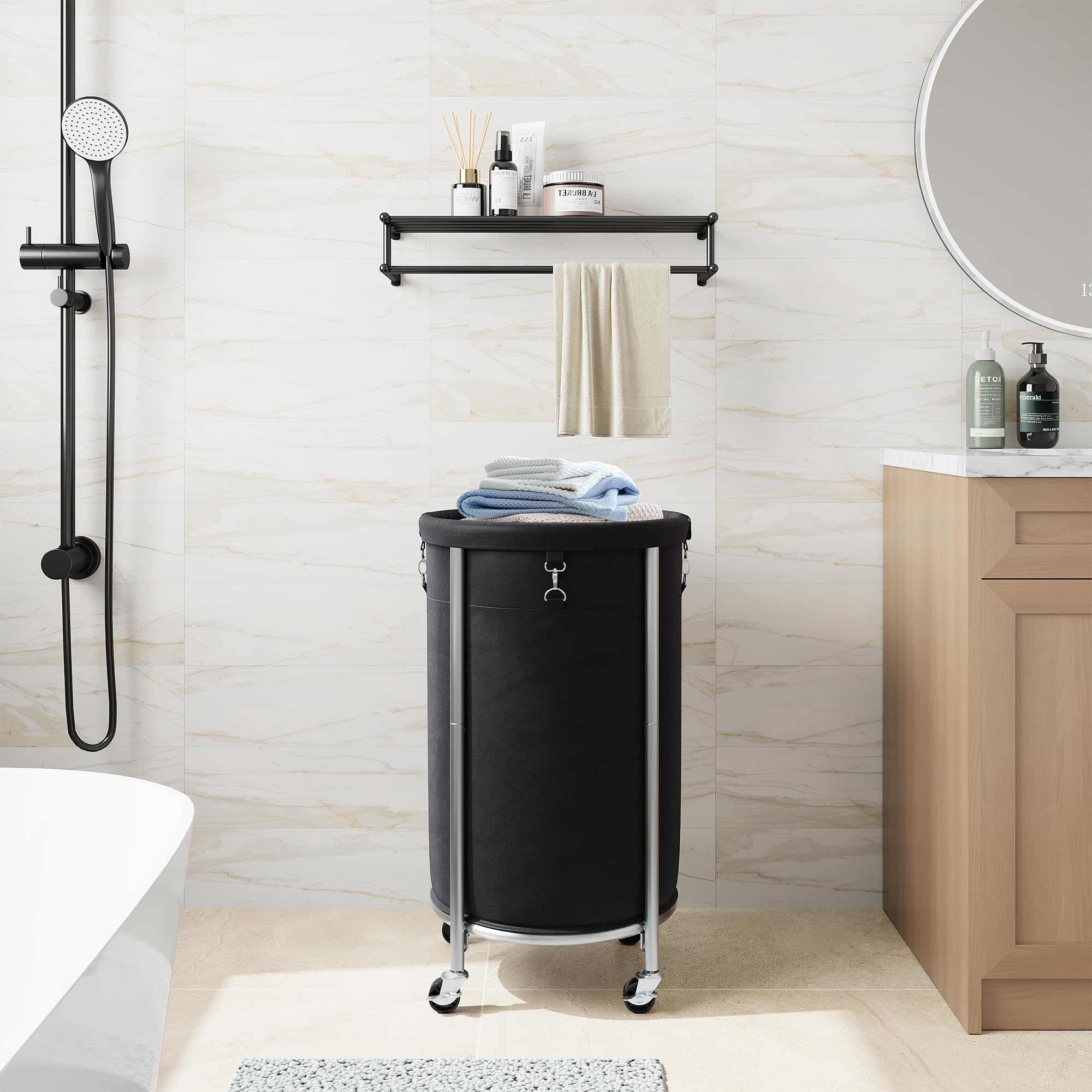 ELYKEN Cesto portabiancheria con ruote, 110 l, cesto portabiancheria rotondo con telaio in acciaio e borsa rimovibile, 4 ruote e 2 freni, cesto per vestiti sporchi per hotel, dormitorio, nero