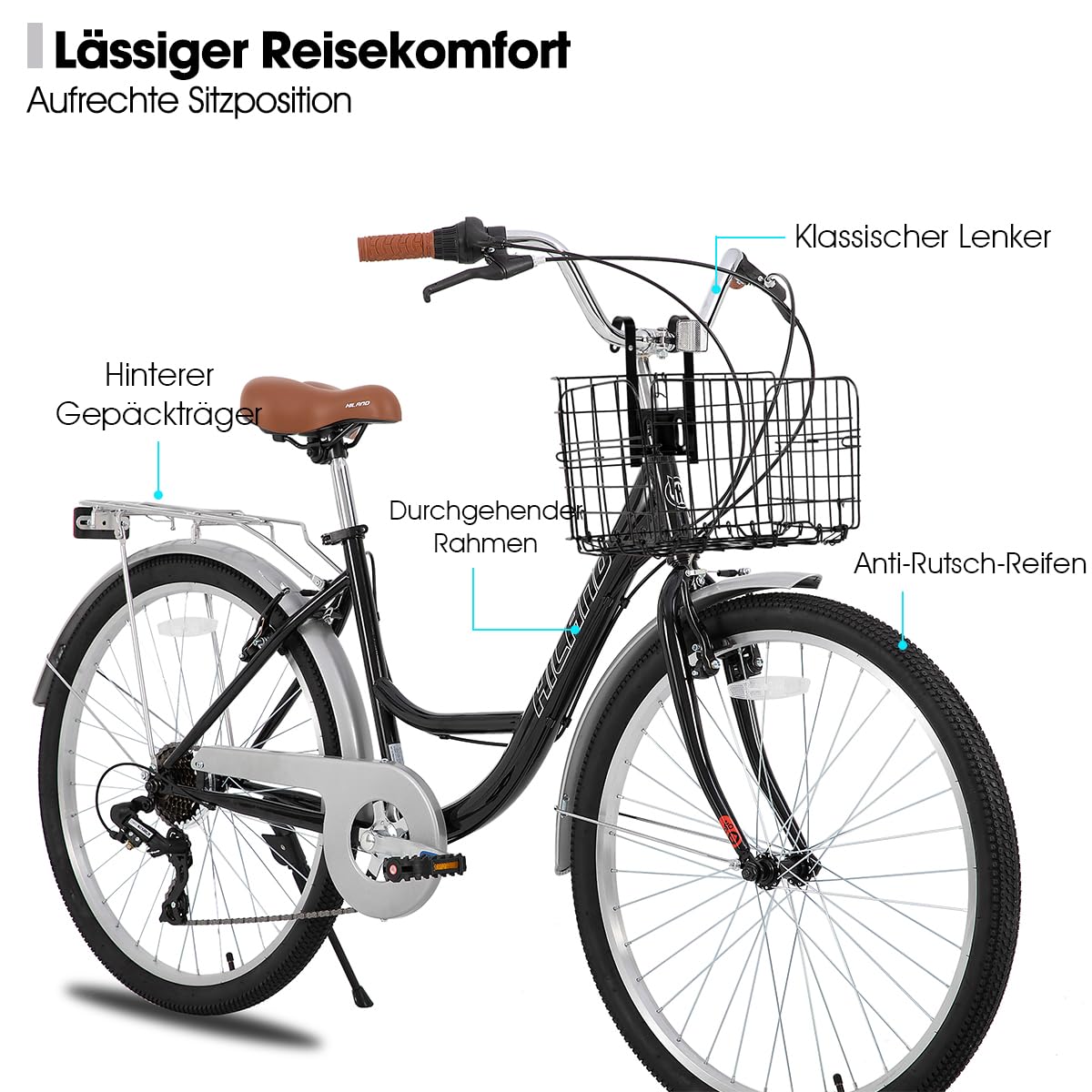 Hiland 26 Zoll Cityräder für Erwachsene, Step-Through Rahmen Damenfahrrad mit Gepäckträger&Korb, Herren und Damen 7 Gang-Schaltung Hollandfahrrad Citybike, City-Pendlerfahrrad für Männer