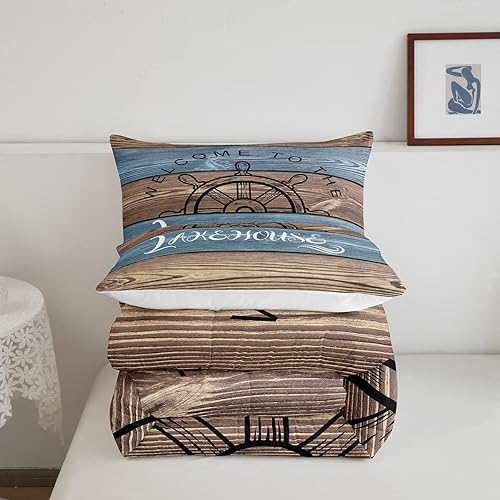 Miniatura 5 de Lake House - Juego de edredón tamaño Queen, ropa de cama con brújula náutica para niños y adolescentes, juegos de edredón de tablones de madera