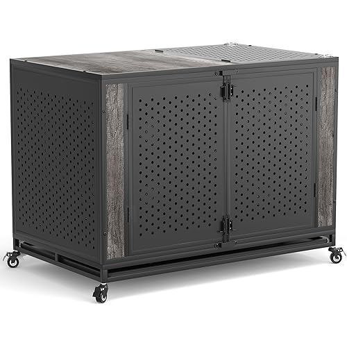 48" Heavy Duty Dog Crate Furniture for Extra Large Dogs, Enclosed Design with 0.5 inch Holes, Indestructible Metal Kennel for High Anxiety Dogs, Chew Proof Pet House Cage Indoor, Gray