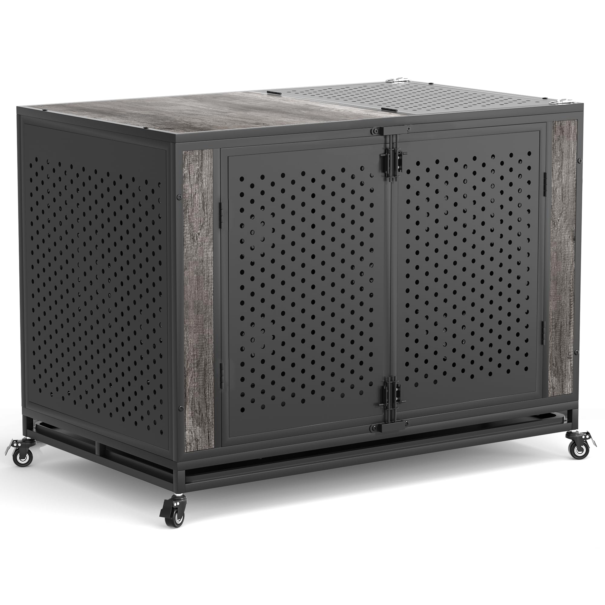 48" Heavy Duty Dog Crate Furniture for Extra Large Dogs, Enclosed Design with 0.5 inch Holes, Indestructible Metal Kennel for High Anxiety Dogs, Chew Proof Pet House Cage Indoor, Gray