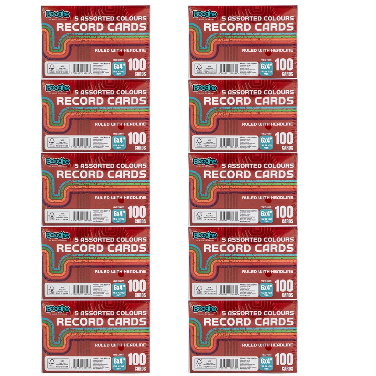 Booghe A6 Index & Record Cards โ Assorted Colours, Ruled with Headline, 100 Coloured Flashcards for Study & Revision, 6 x 4 Inch (152 x 102mm) - Pack of 10