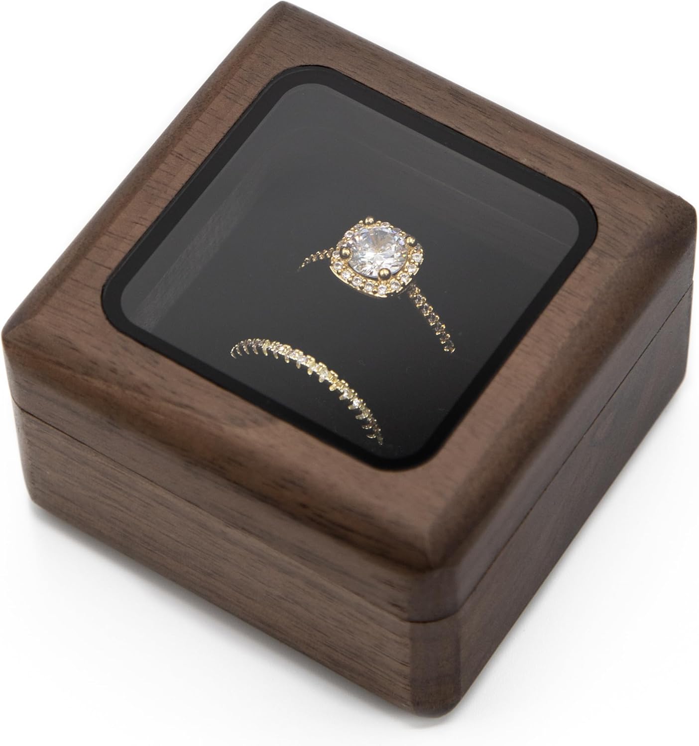 Double Ring Box (Glass Lid) - Wedding Ceremony Ring Bearer Box Walnut Wood with Clear Transparent Lid, Proposal Engagement Ring Storage for 2 Rings, Unique Gift for Her, Two Slots, 2.25 x 2.25 x 1.75