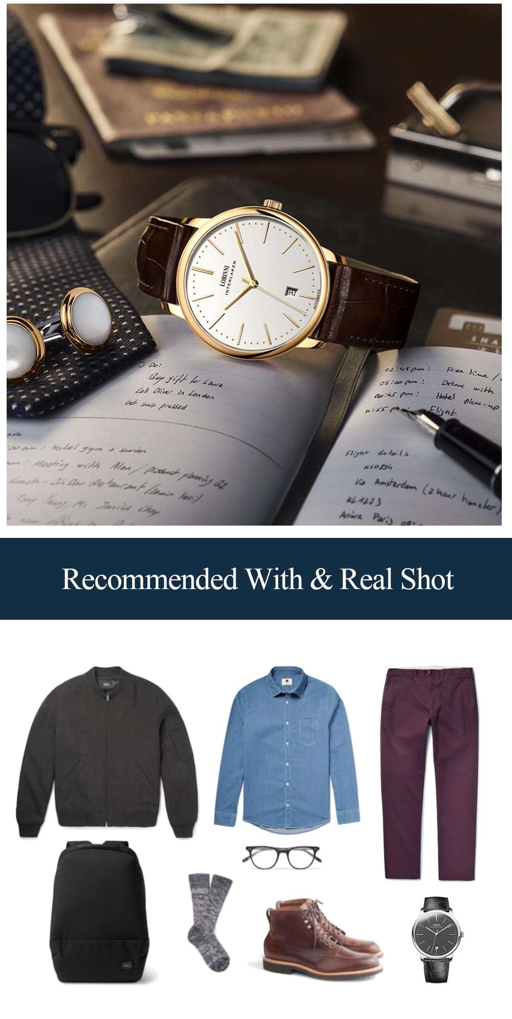 LOBINNI Reloj mecánico automático ultrafino para hombre, caja delgada de 7,9 mm, cristal de zafiro, calendario, correa de piel auténtica, resistente al agua, reloj de pulsera elegante