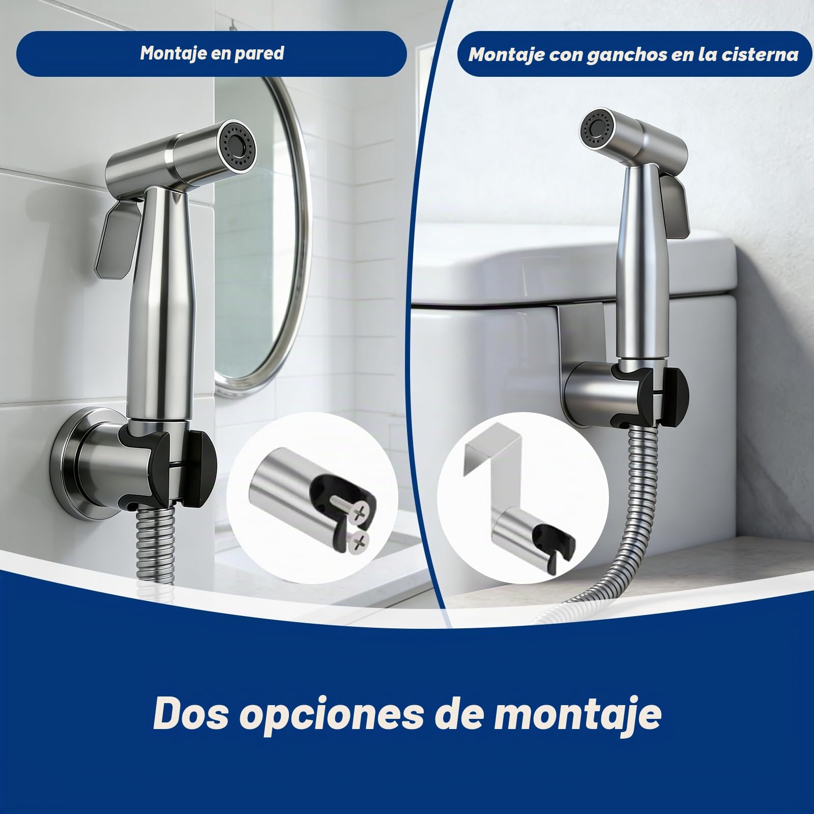 Set de Ducha Bidé de Mano, Pulverizador de Bidé de Mano con Válvula en T G1/2" y Adaptador de Inodoro G3/8", Manguera de 150 cm, Cabezal de Ducha para Pañales y Baño de Mascotas