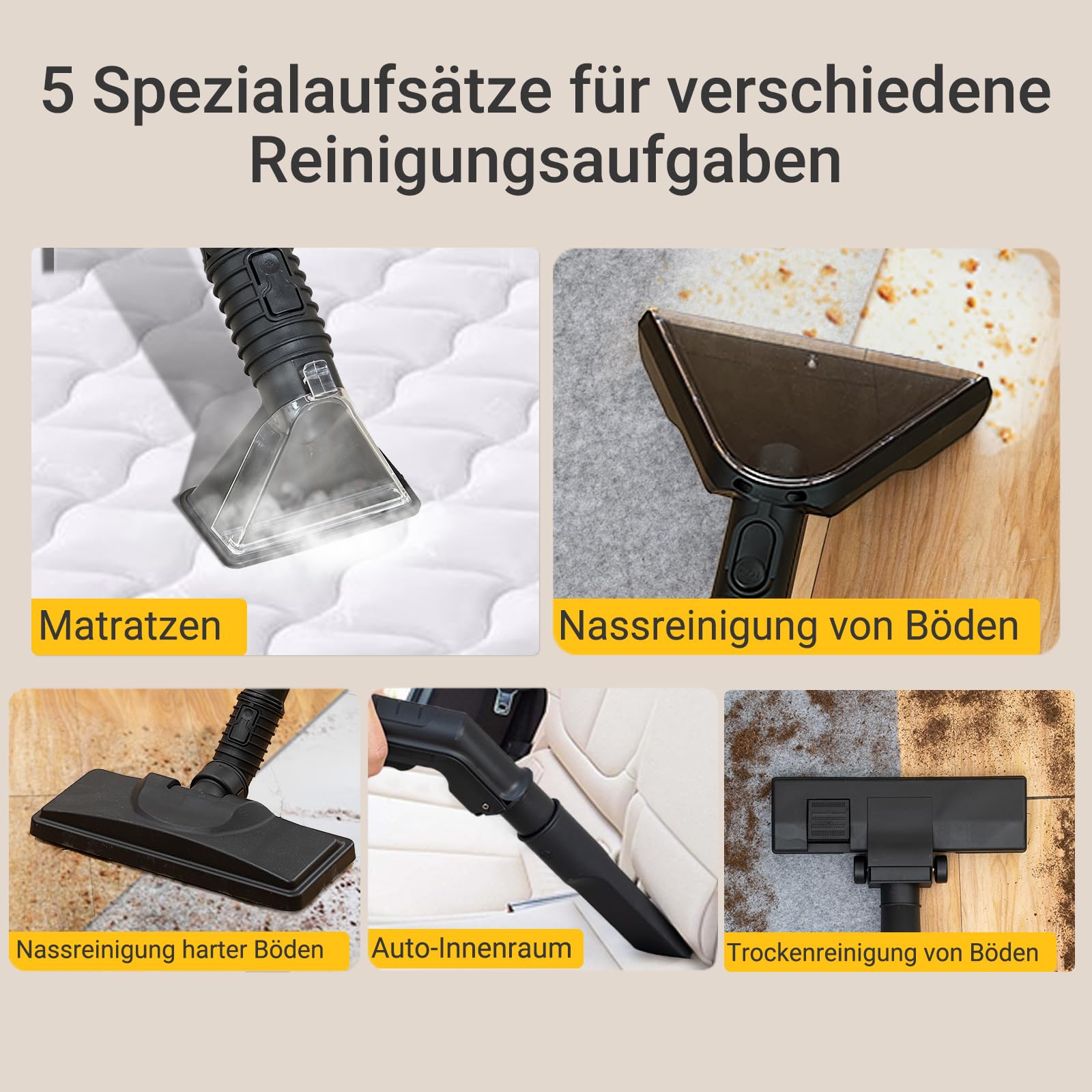 DY-510AC Waschsauger mit Dampffunktion, 20.000 Pa Saugkraft, 100 °C Dampf, 1,5 L/3 L Wassertanks, Selbstreinigungssystem, 5 Aufsätze für Polster, Auto, Teppich und Böden