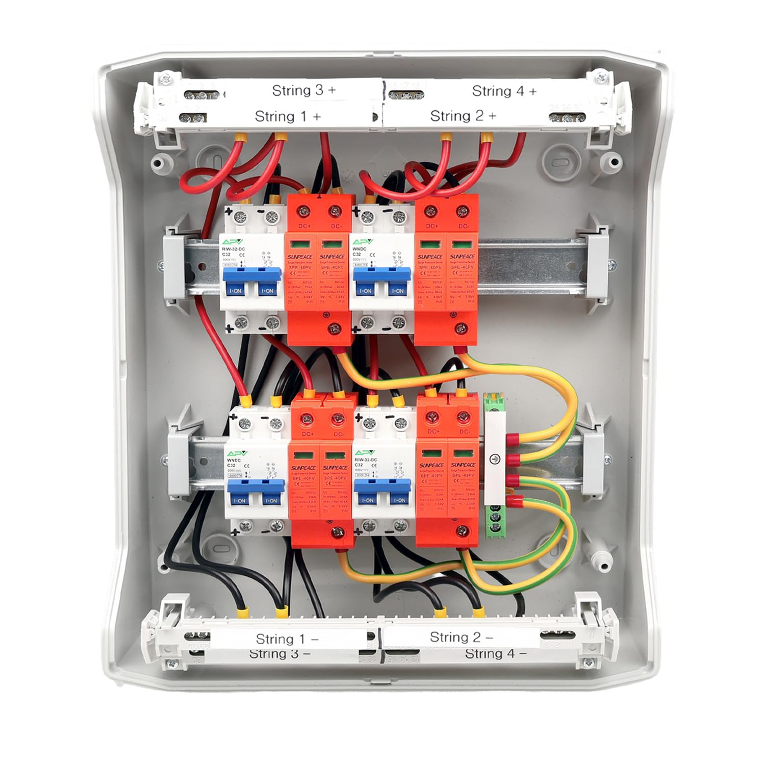 Photovoltaik DC-Sicherungs- & Trennbox 4-String – 32A / 500V – PV Generatoranschlusskasten IP65 – Überspannungs- & Leitungsschutz für Solaranlagen