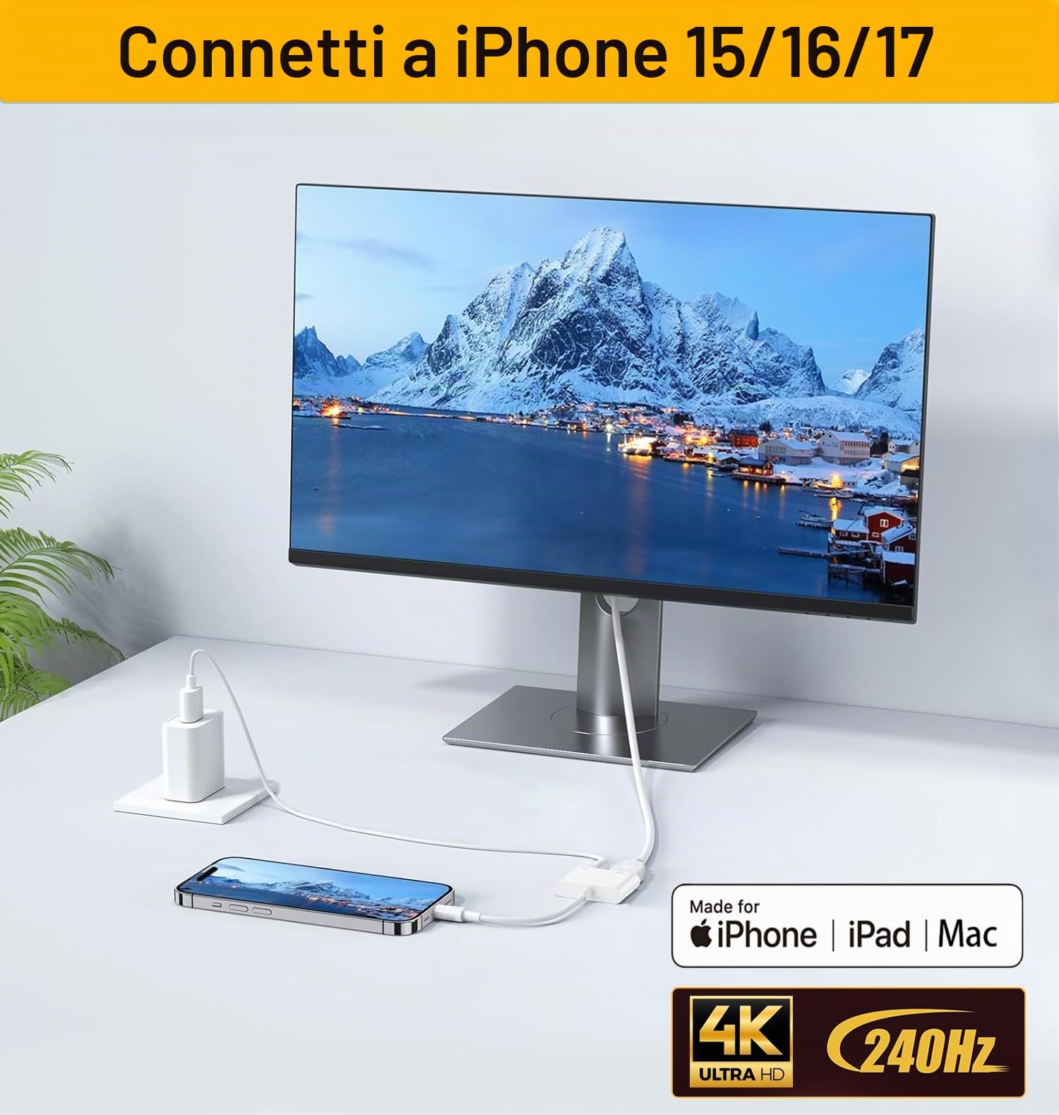 Adattatore Apple USB-C a HDMI 4K a 240Hz per iPhone 15 16 MacBook Pro Air iPad Pro, certificato MFi Type-C Digital AV HDMI 2.1 cavo compatibile con Samsung Galaxy S25, Nintendo Switch, Pixelbook, XPS