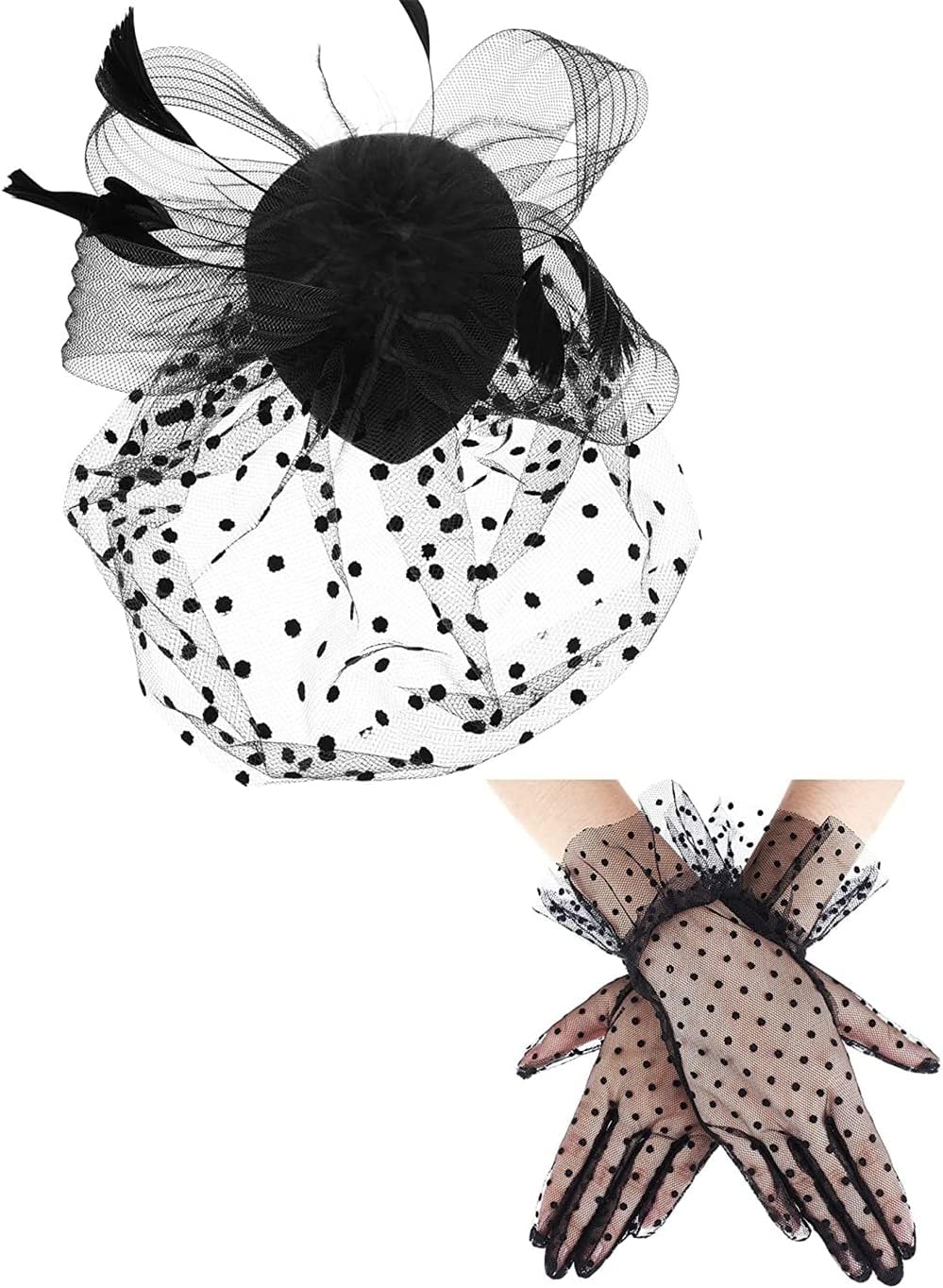 1950s Vintage Fascinator Hat, Faux Feather Mesh Net Hat Tea Party Headwear with Veil and Women Short Lace Gloves, Costume Accessories for Girls and Women Wedding (Black)