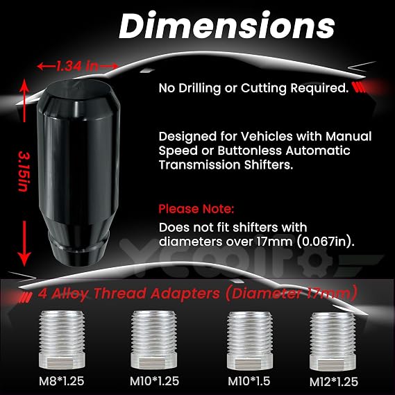 Weighted Shift Knob for Automatic and Speed Manual Cars, 3.15 Stick Shifter Snobs, with 4 Alloy Adapters M8 M10 M12 x 1.25, M10x1.5 (Black)