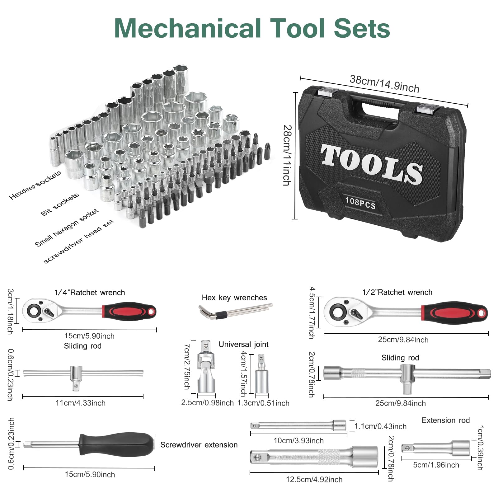 108 Pezzi Set di Chiavi a Bussola, Set di Chiavi a Cricchetto 1/2" e 1/4", Set Chiavi a Tubo a Cricchetto a 72 Denti, Kit di Strumenti a Cricchetto Cr-V, Set di Attrezzi Chiavi a Bussola