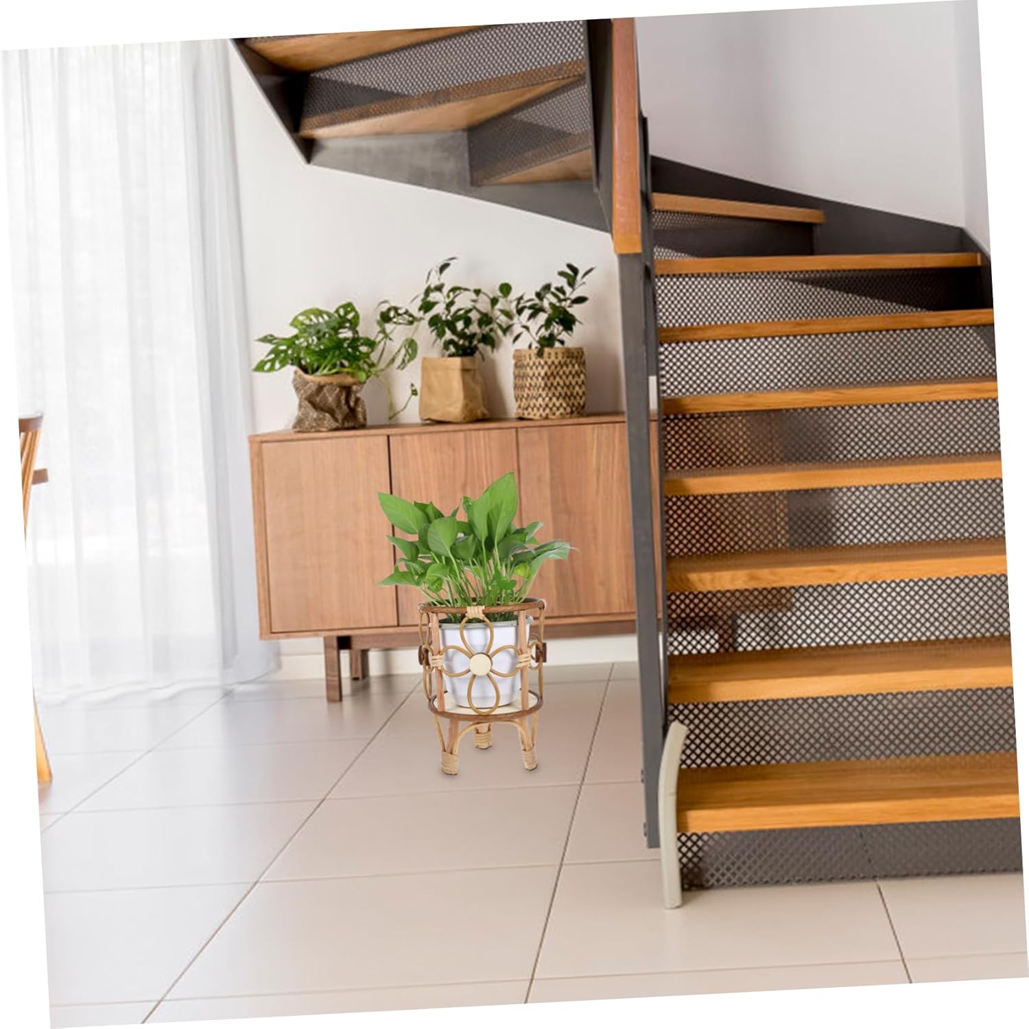 Handwoven Rattan Plant Stand Heavy Duty Indoor Outdoor Flower Pot Holder Elegant Display Rack for Compact Spaces European Inspired Design Space Saving Vase Stand