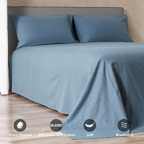 Miniatura 2 de DAPU Juego de sábanas de lino de color liso, suaves y transpirables, 4 piezas, ropa de cama de mezcla de lino francés hipoalergénico de mezcla de