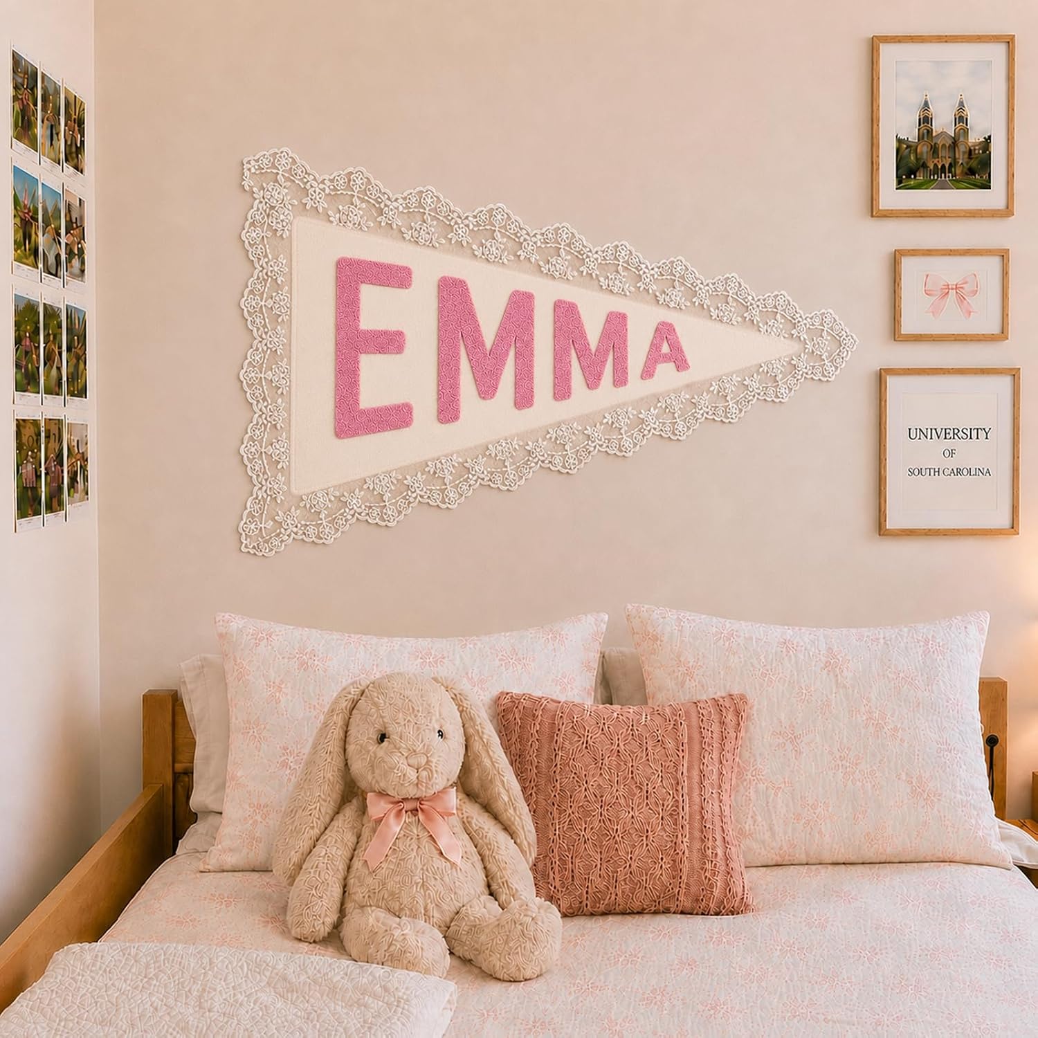 Personalized Embroidered Name Pennant Banner with Lace Trim Dorm Room Decor