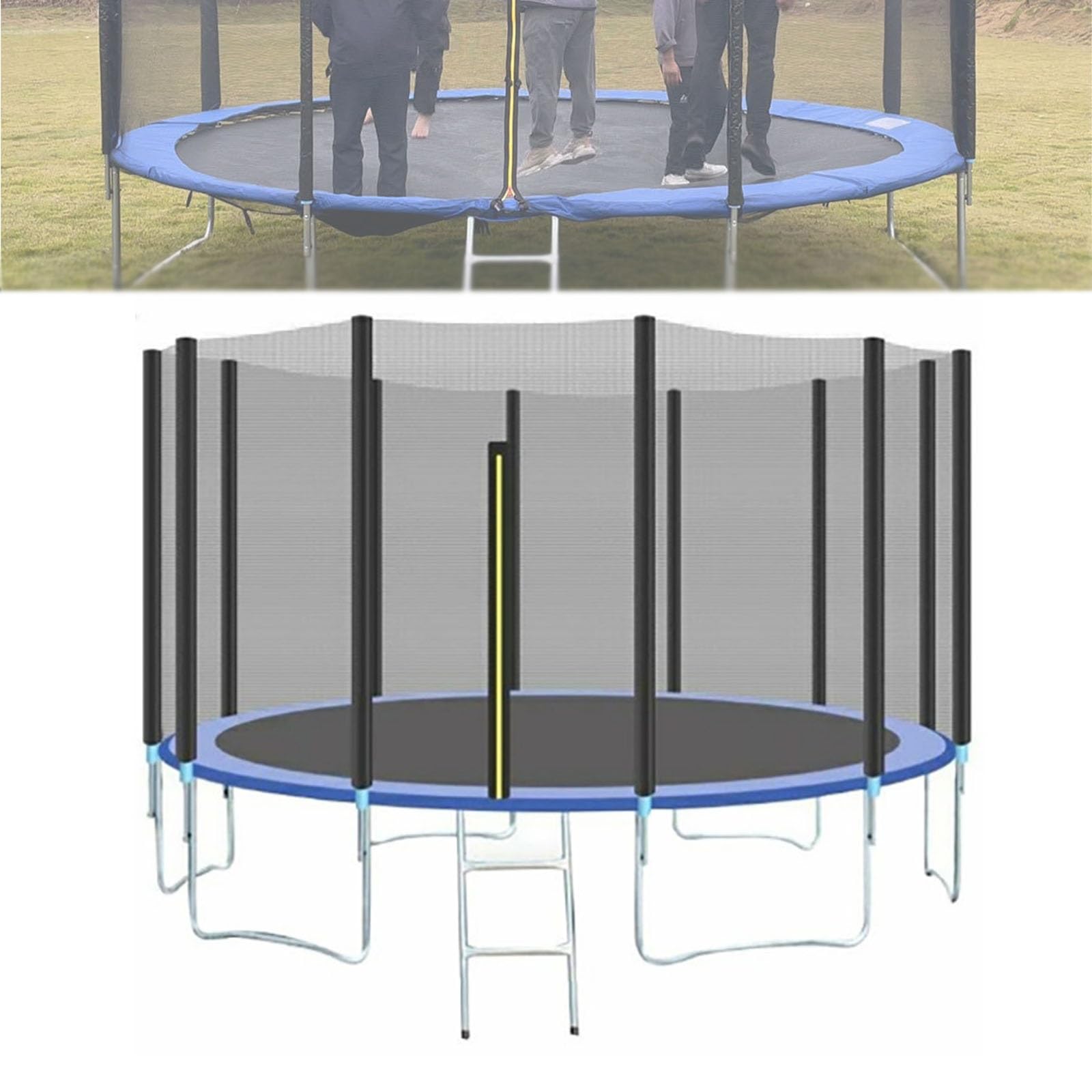 Trampolina o dużej wytrzymałości z siatką zabezpieczającą i drabiną, stabilny sprzęt do rekreacji na świeżym powietrzu, do rodzinnej zabawy i rozrywki na podwórku, trwała mata do skakania