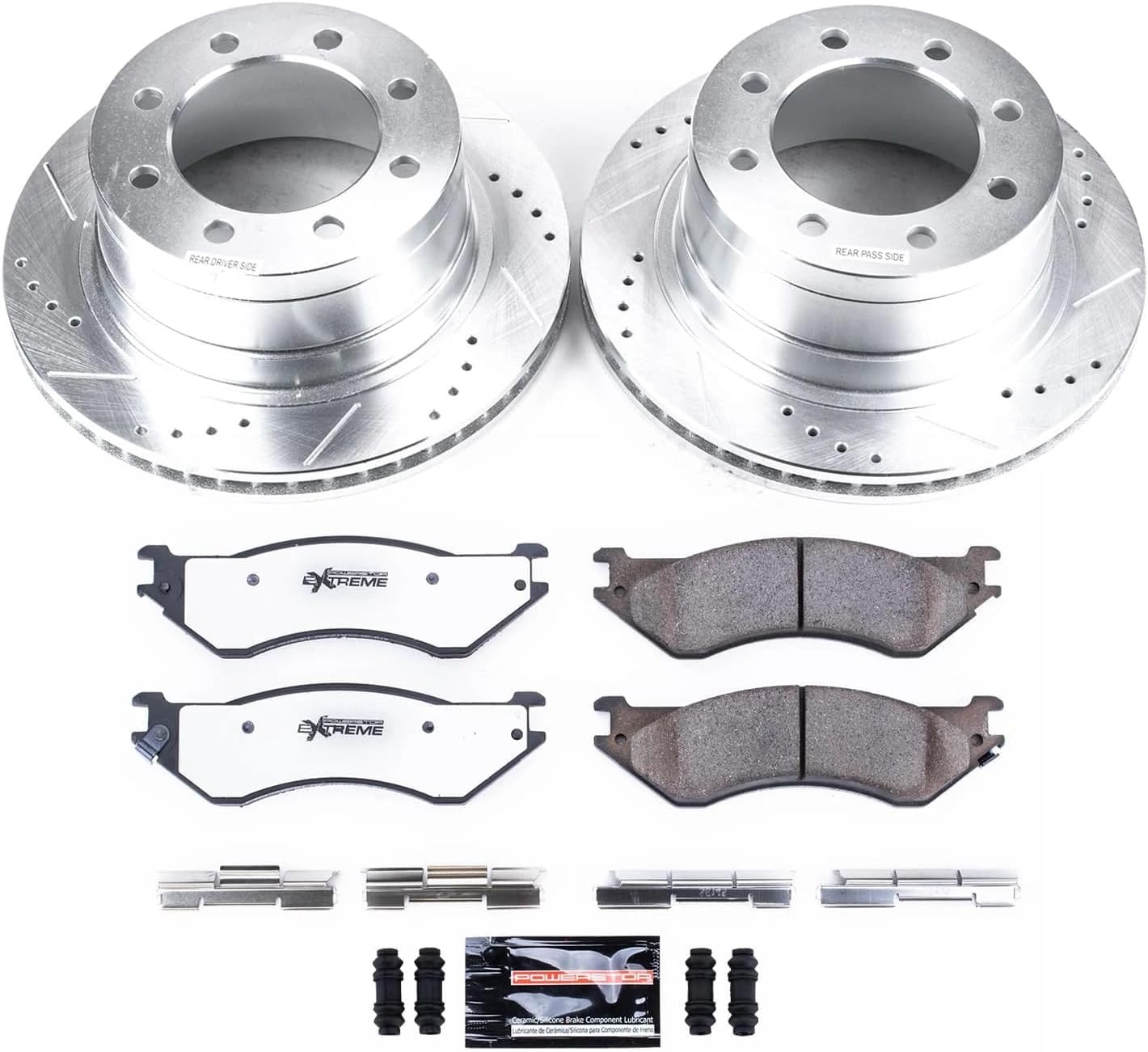 PowerStop Rear Brake Kit For Dodge Ram 1500 2006-08 |Ram 2500 2003-08 |Ram 3500 2003-08 - Truck & Tow Carbon Fiber Ceramic Brake Pads + Drilled & Slotted Rotors Upgrade, K5490-36