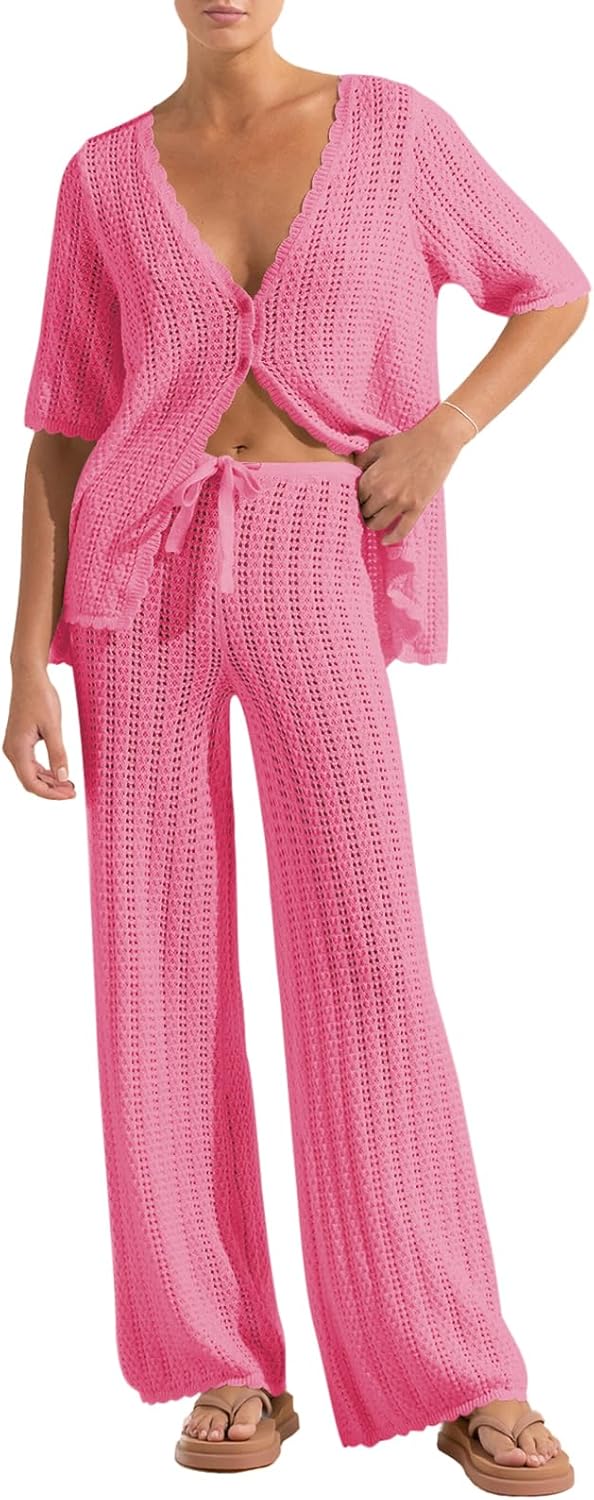 Imily Bela Women's Summer 2 Piece Swimsuit Cover up Crochet Knit Cardigan Tops Long Pants Set Bathing Suit Beach Outfit