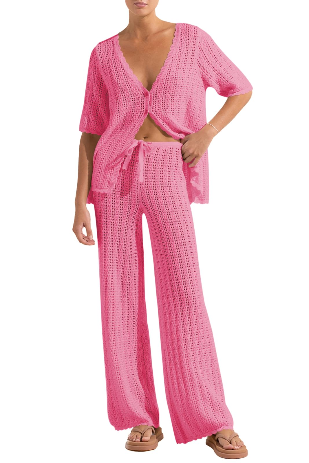 Imily Bela Womens Summer 2 Piece Swimsuit Cover up Crochet Knit Cardigan Tops Long Pants Set Bathing Suit