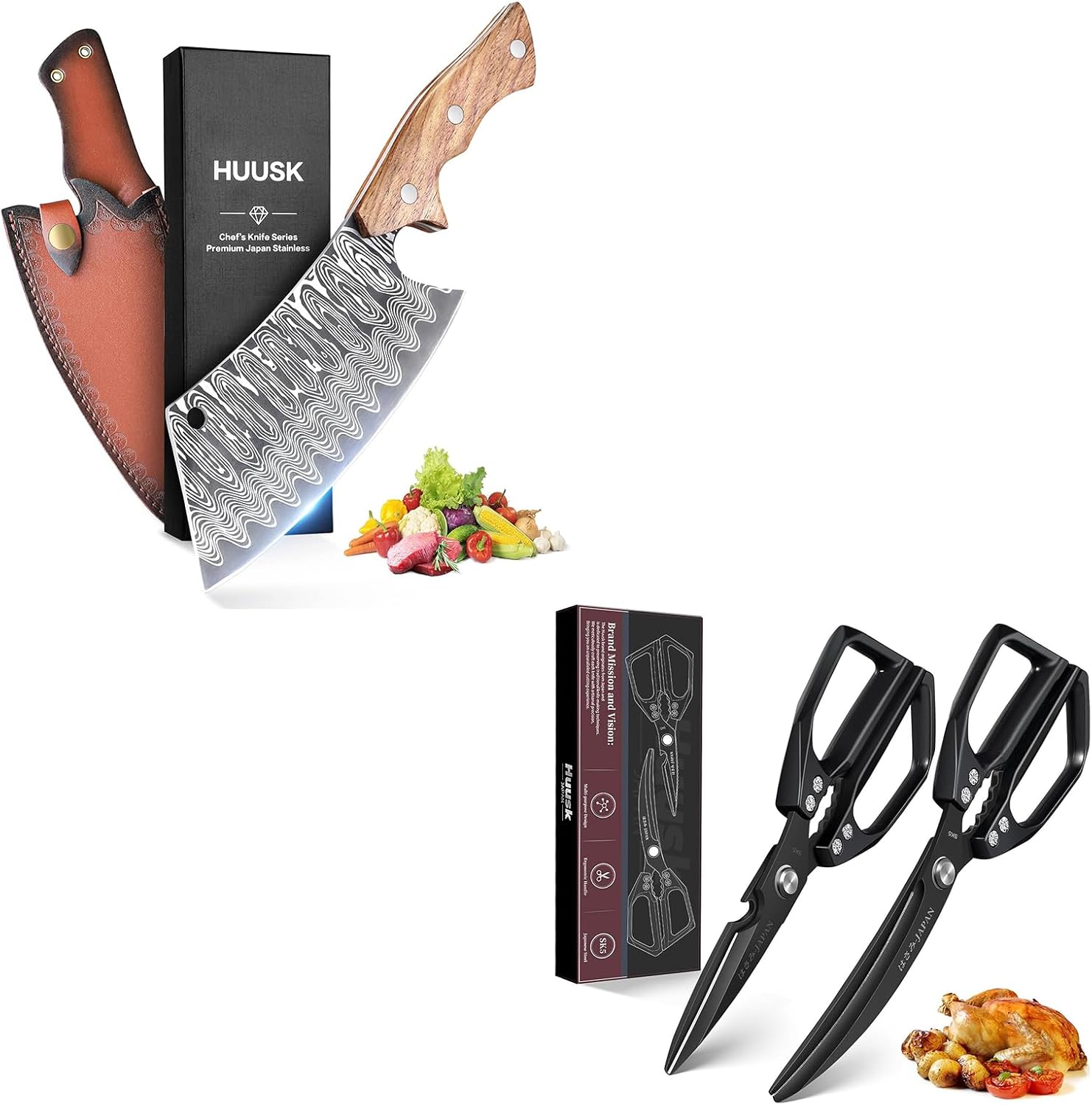 Huusk Kitchen Scissors Set Black - Stainless Steel Kitchen Shears Bundle with a Meat Cleaver Knife with Sheath, Sharp Meat Scissors Dishwasher Safe, Heavy Duty Poultry Shears all Purpose
