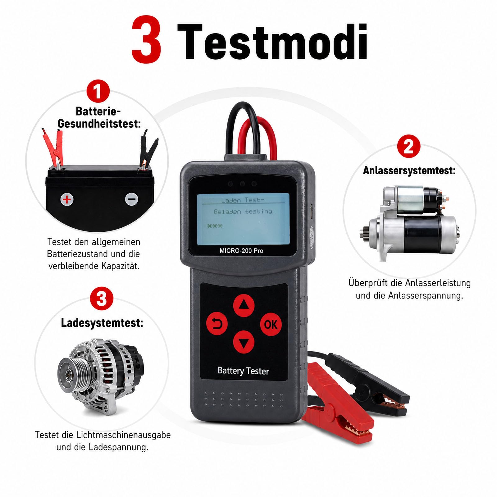 Etrogo Tester akumulatora samochodowego 12 V, 24 V, 40-2000 CCA 3 AH-220 Ah, test rozruchu, dane do druku do samochodu Moto Boot (francuski, angielski, niemiecki, hiszpański)