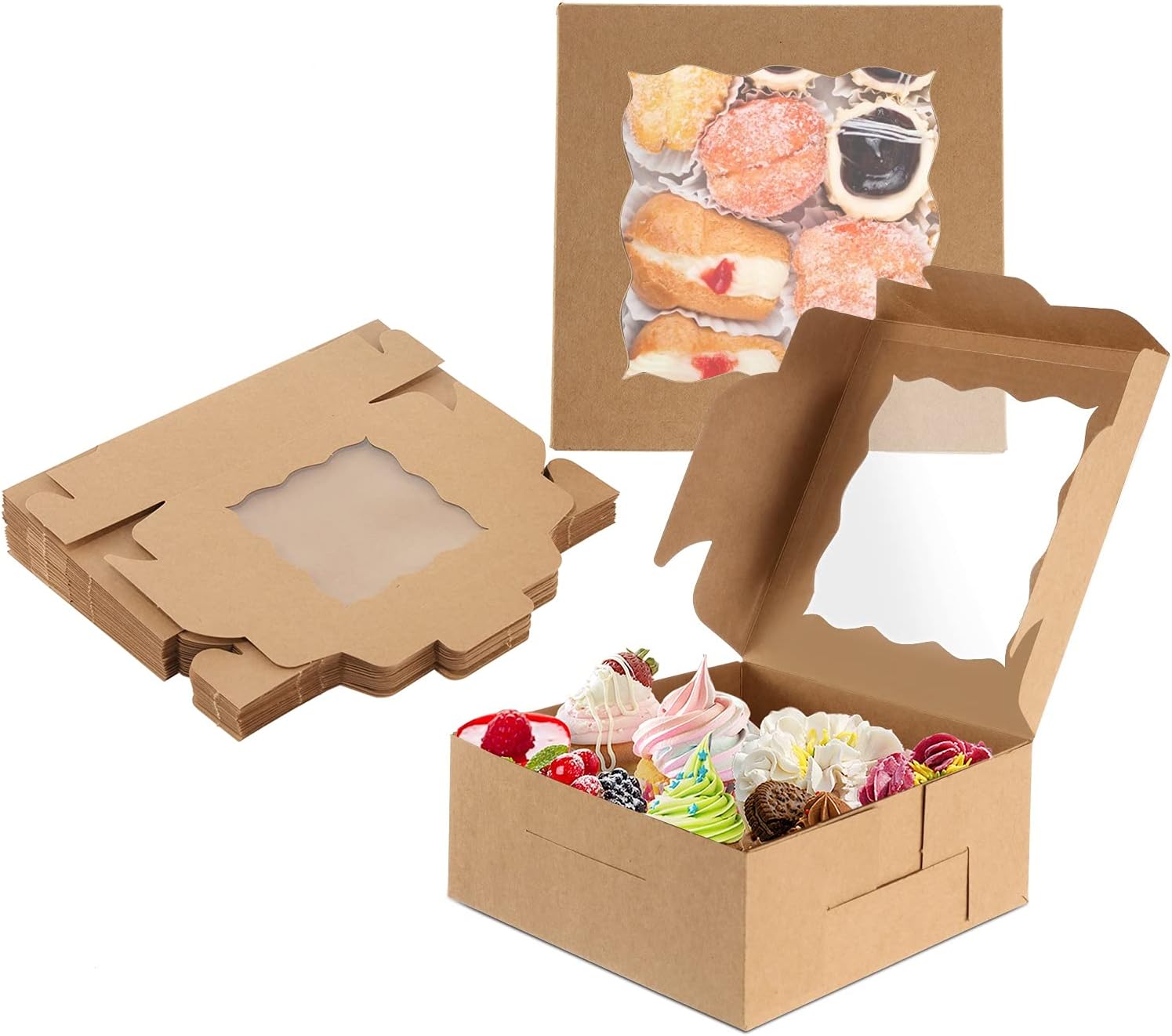 Dyna-Living 25 Pack 6" Brown Bakery Box with PVC Display Window Paper Board Cardboard Gift Packaging Boxes for Pastries,Cookies,Small Cakes,Pie, Cupcakes Small Natural Craft Paper Boxes 6x6x2.5inch