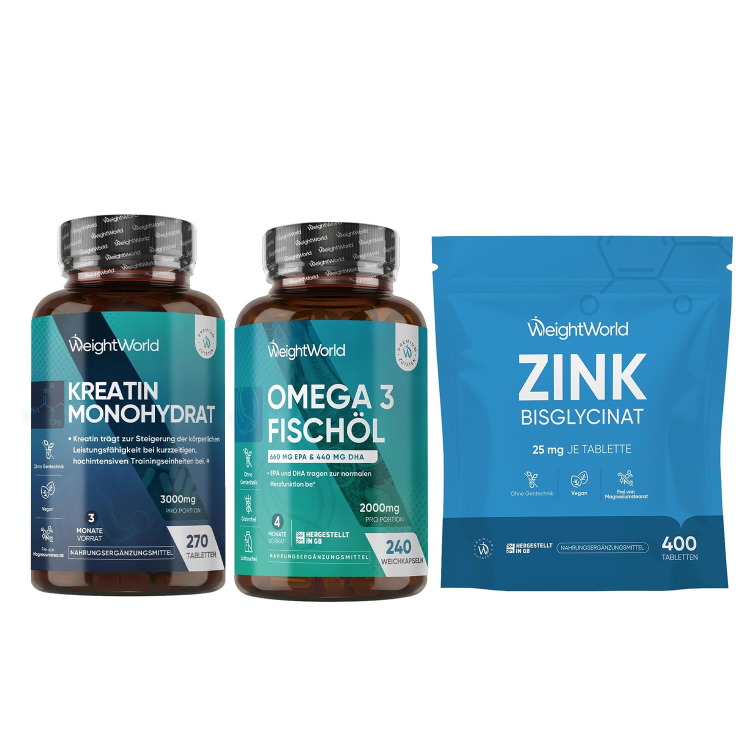 Omega 3 Weichkapseln + Creatin Tabletten + Zink Tabletten - 2000mg Fischöl, 3000mg Kreatin Monohydrat & 25mg Zink Bisglycinat - Gemäß GMP - Frei von Gluten & Gentechnik - WeightWorld