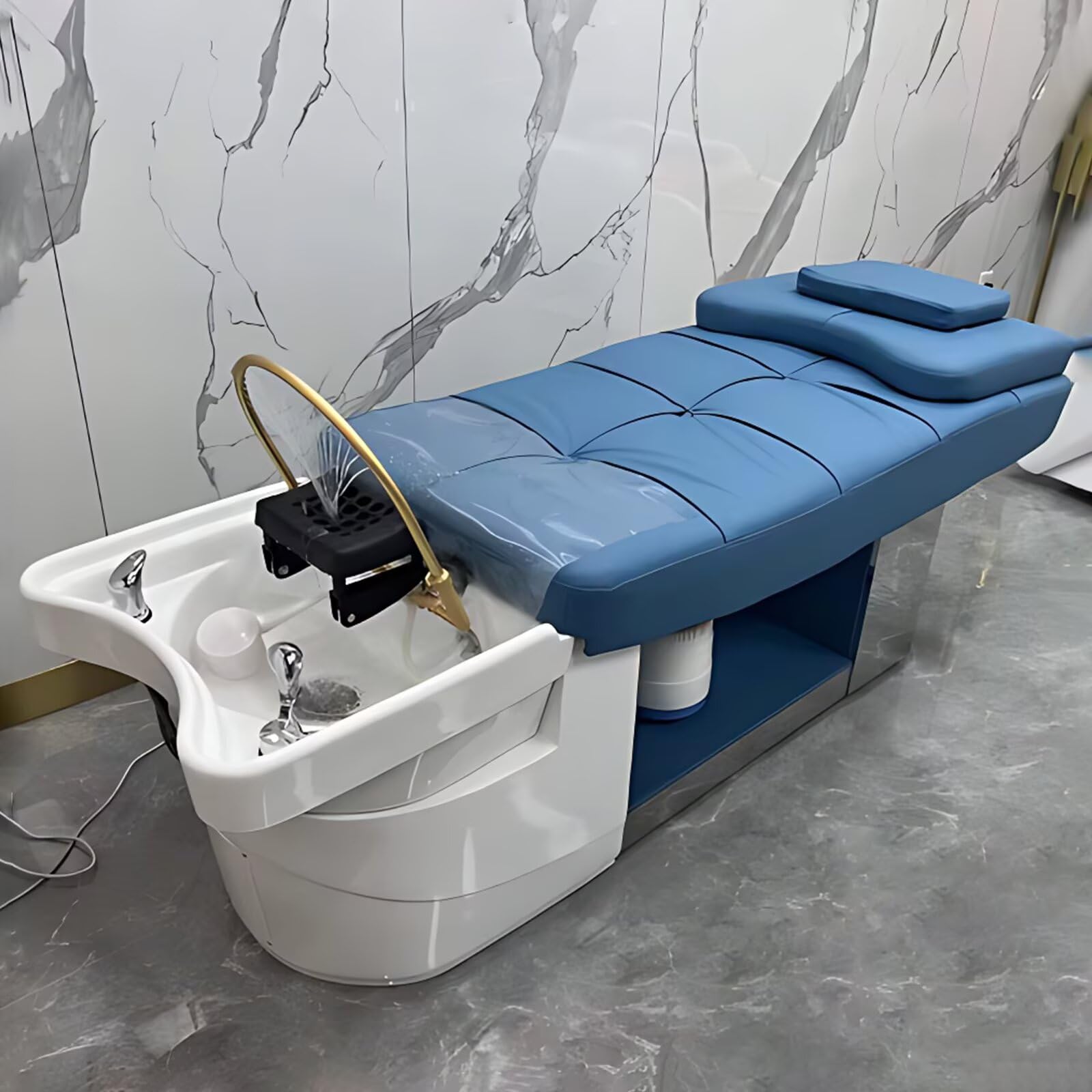 Profesjonalny stół do masażu głowy, luksusowe, eleganckie wzornictwo z niebieskim oświetleniem, wyposażenie spa z cyrkulacją wody, fumigacja, masywna umywalka ceramiczna