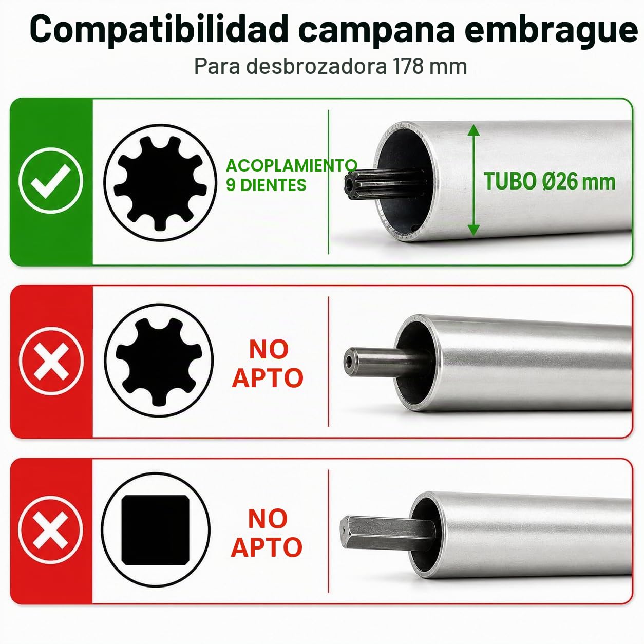 Campana de embrague para desbrozadora Ø78mm | Tubo Ø26mm | Engranaje de 9 dientes | Repuesto universal compatible con varios modelos | Color gris o rojo según disponibilidad