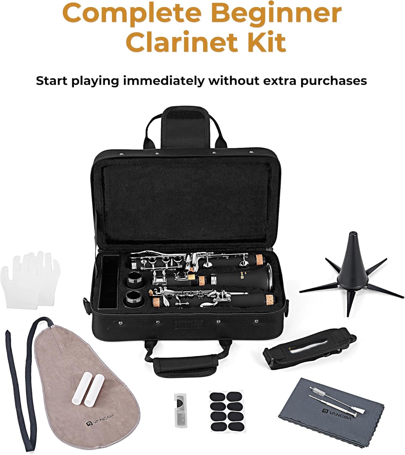 Vangoa Bb Clarinet Beginner Student Clarinet Kit for School Band 17 Nickel-Plated Keys B Flat Clarinet with Case Reeds Stand Cleaning Kit