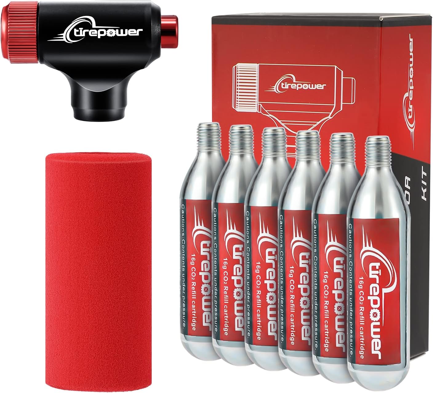 CO2 Bike Tire Inflator Kit – CNC Aluminum Alloy Pump with 6X 16g Threaded Cartridges, Push-Button Control, Fast Inflation, Compatible with Presta & Schrader Valves