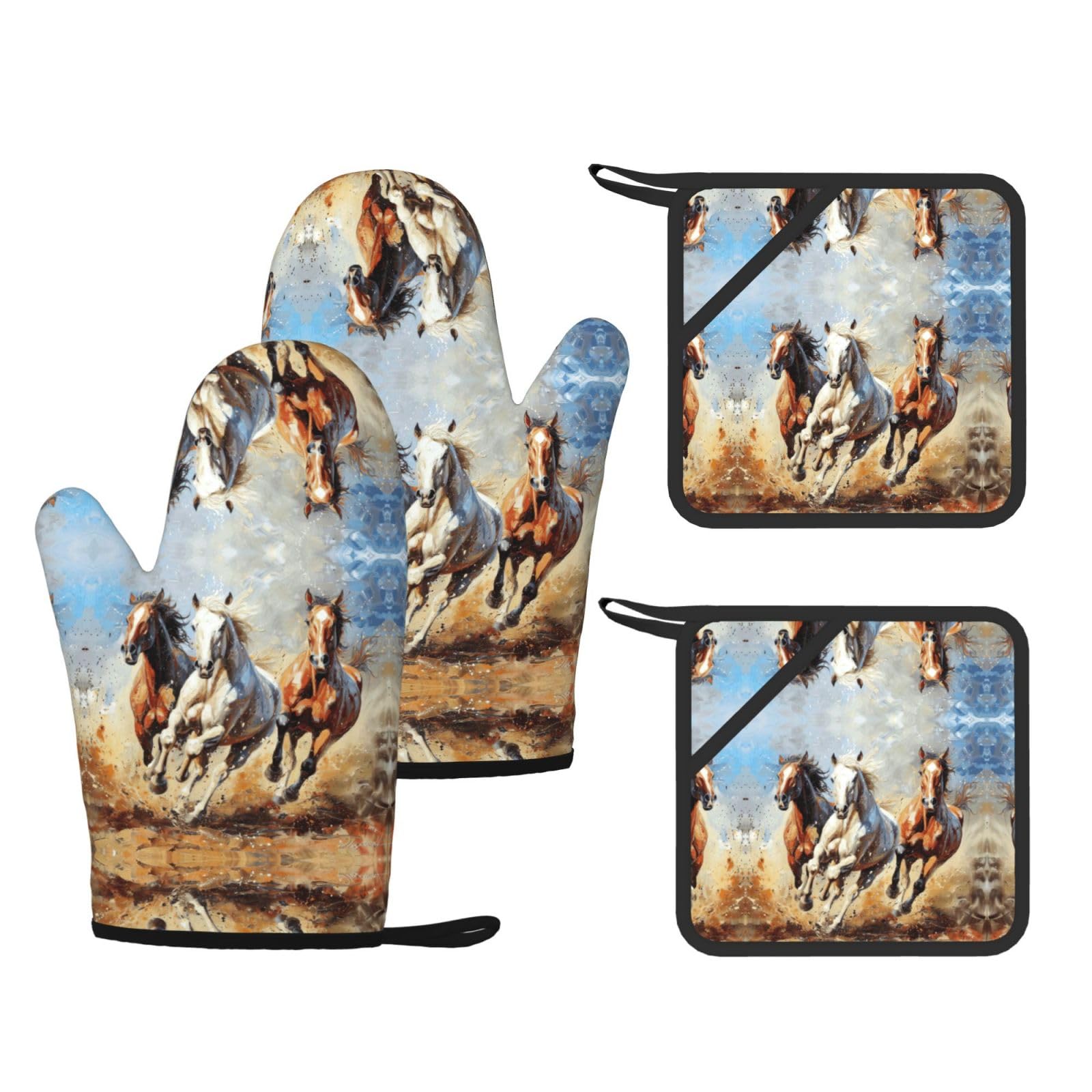 Horses Running Art Printed Pot Holders and Oven Mitts 4-Piece, Non-Slip Kitchen Gloves with Utensil Pocket for BBQ