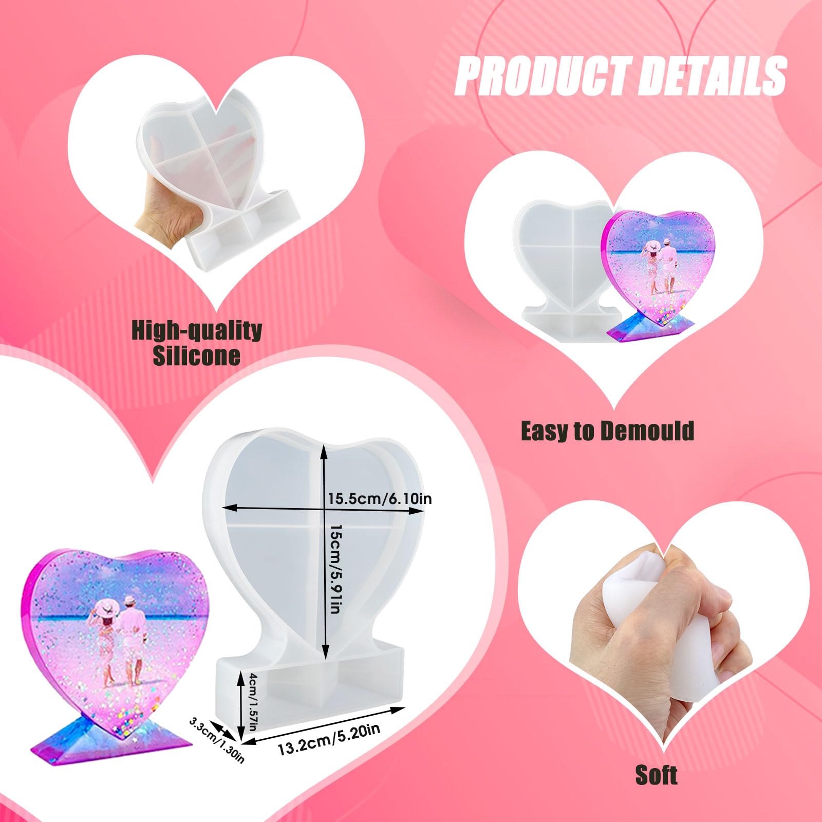 Moule En Silicone En Forme De C?ur 2pcs Moule Cadre Photo Resine Epoxy Flexible Moule Silicone Resine Epoxy Coeur Lavable 18 6x15 4cm Pour Decoration De Bureau Artisanat De Maison