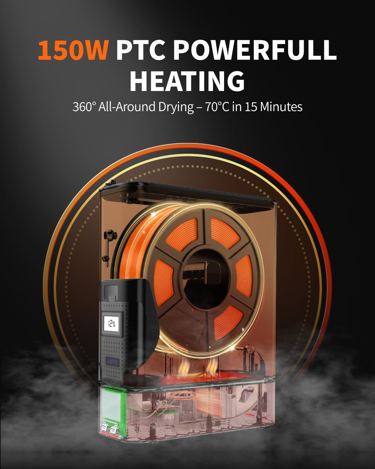 JAYO Suszarka filamentowa J1, 150 W PTC ogrzewanie do 70°C, dzielona konstrukcja do suszenia podczas drukowania, monitorowanie wilgotności, suche pudełko do układania w stos do filamentów do drukarki