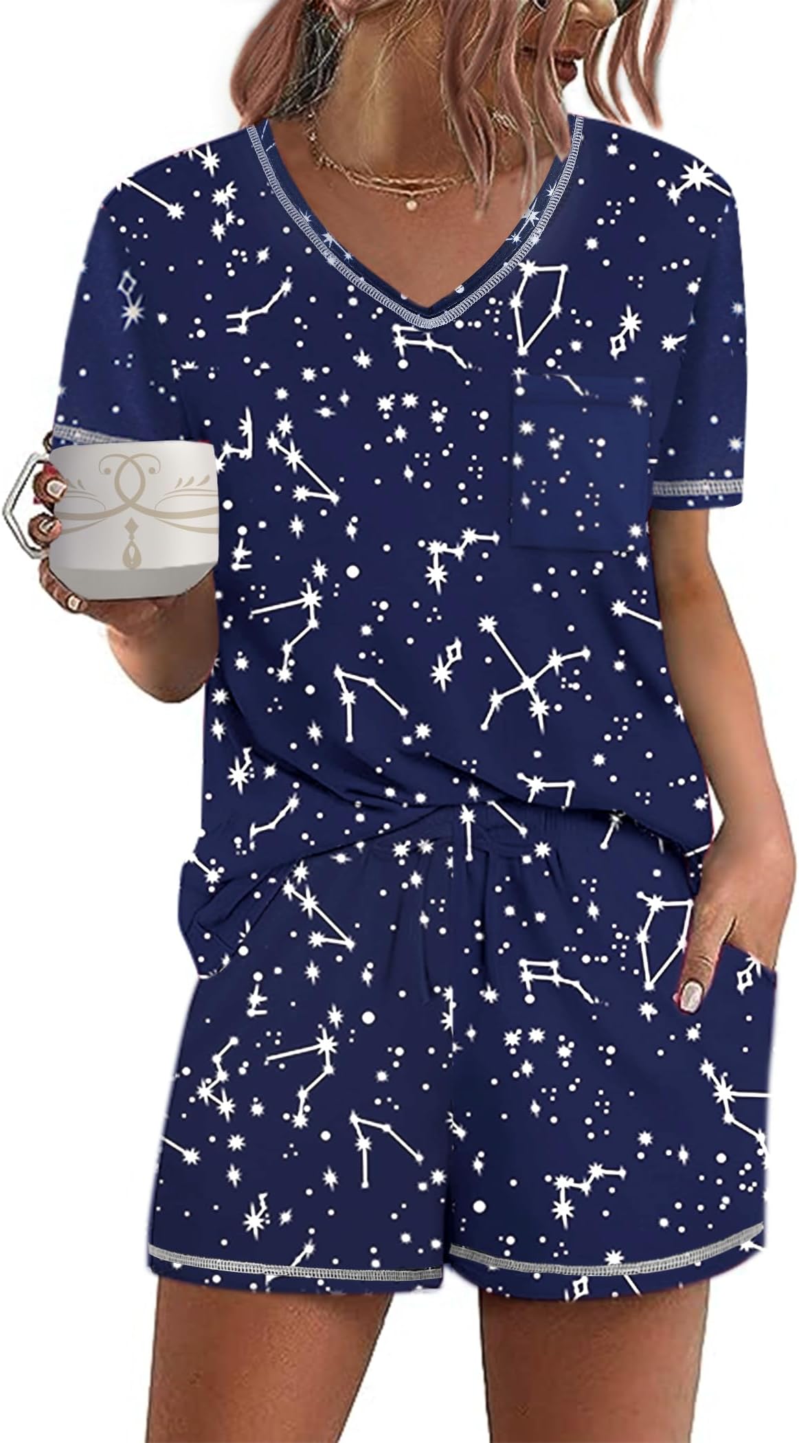 Women's Pajamas Sets Short Sleeve Lounge Sets Sleepwear Casual Two Piece Pjs With Pockets