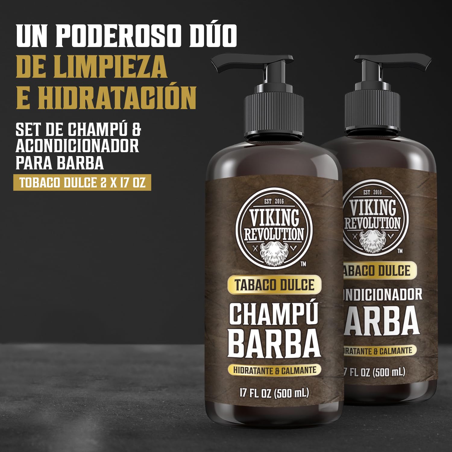 Viking Revolution Juego de Champú y Acondicionador de Barba con Aceites de Argán y Jojoba - Champú Barba Hombre que Suaviza, Alisa y Fortalece el Crecimiento - Tabaco Dulce 2x500 ml