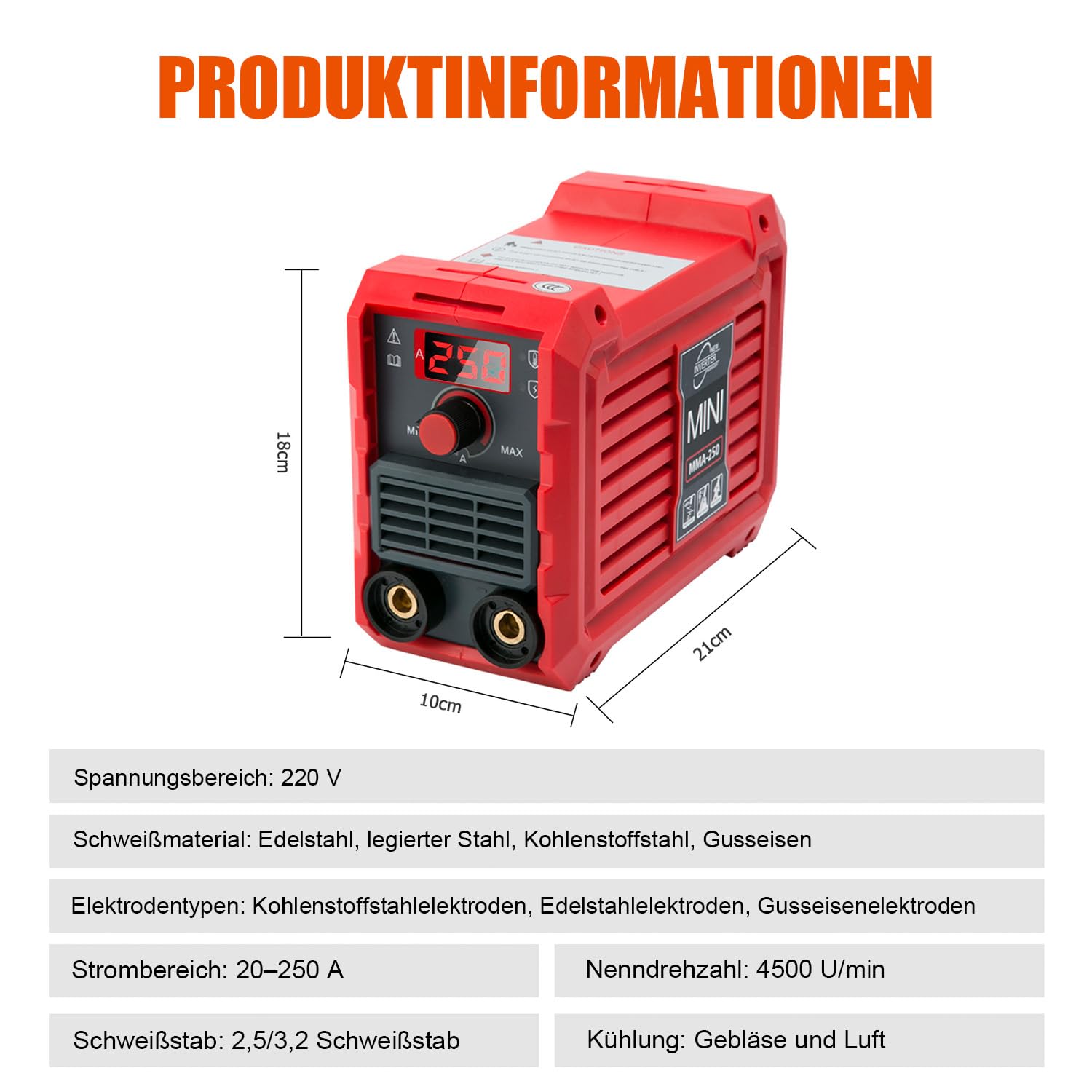 VOBOR Mini Elektroden Schweißgerät, Tragbar DC Inverter mit IGBT Technologie, LED Digital Display & Überhitzungsschutz, Fülldraht Schweißgerät, MMA-250